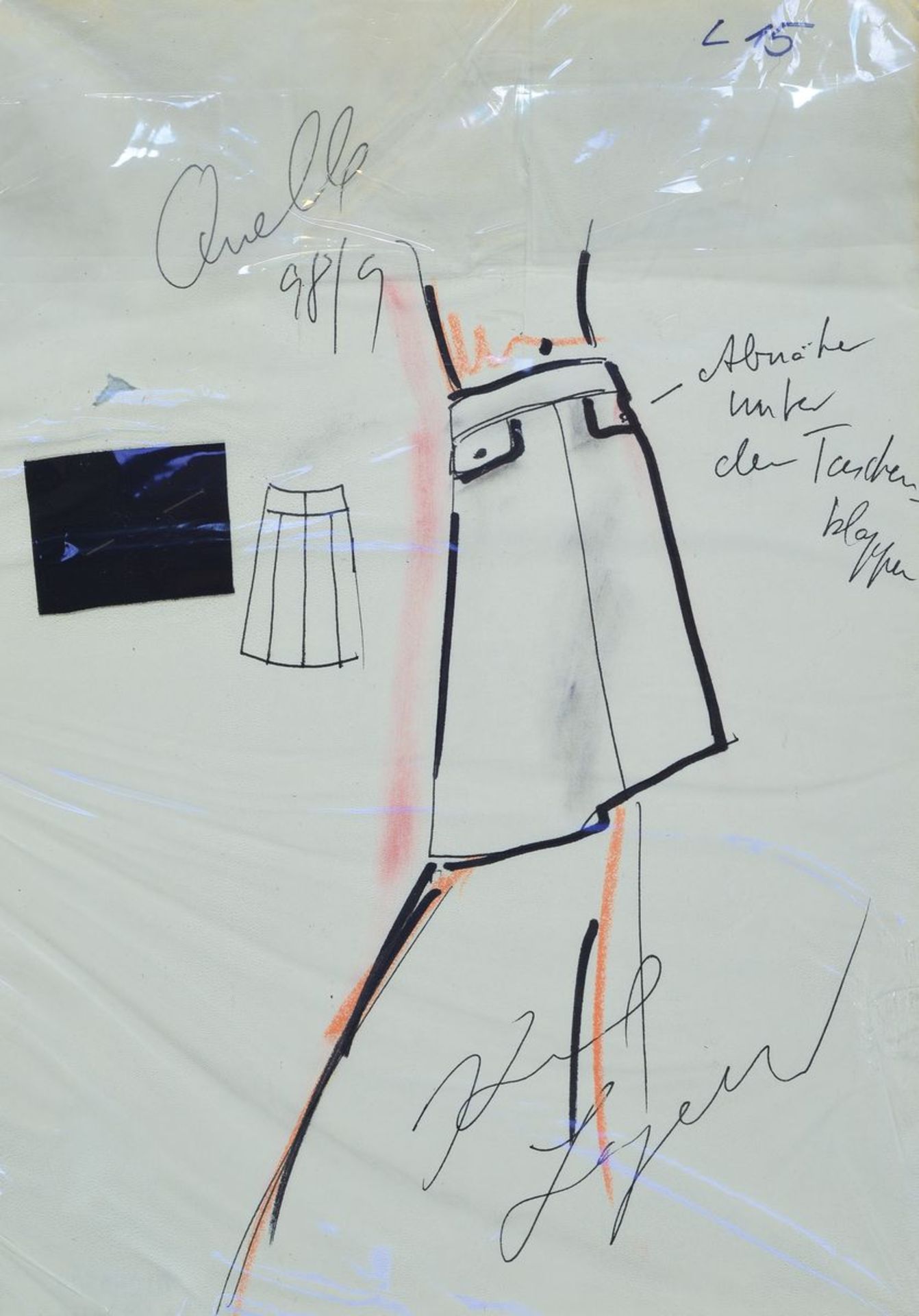 Karl Lagerfeld, 1933-2019, Modezeichnung Rock mit Stoffmuster, handsign., kl. Loch bzw leicht