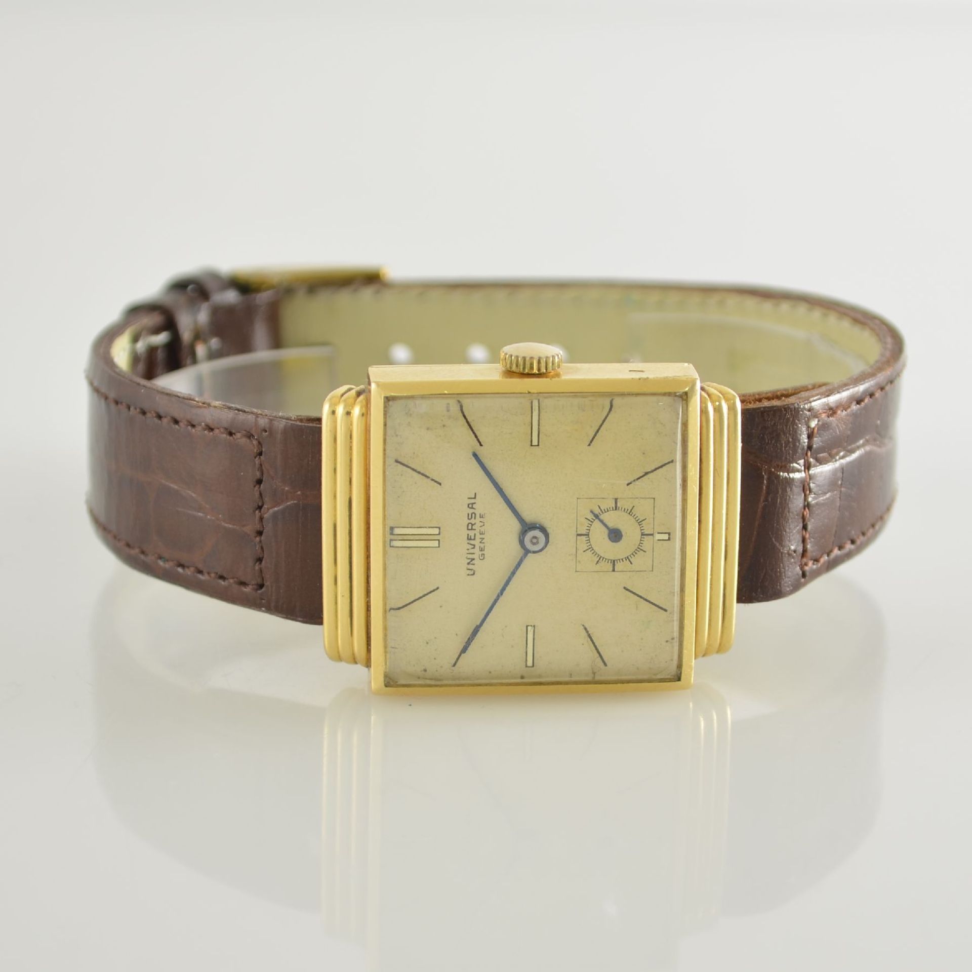 UNIVERSAL GENEVE quadratische Herrenarmbanduhr in GG 750/000, Schweiz um 1940, Handaufzug, 2-tlg.