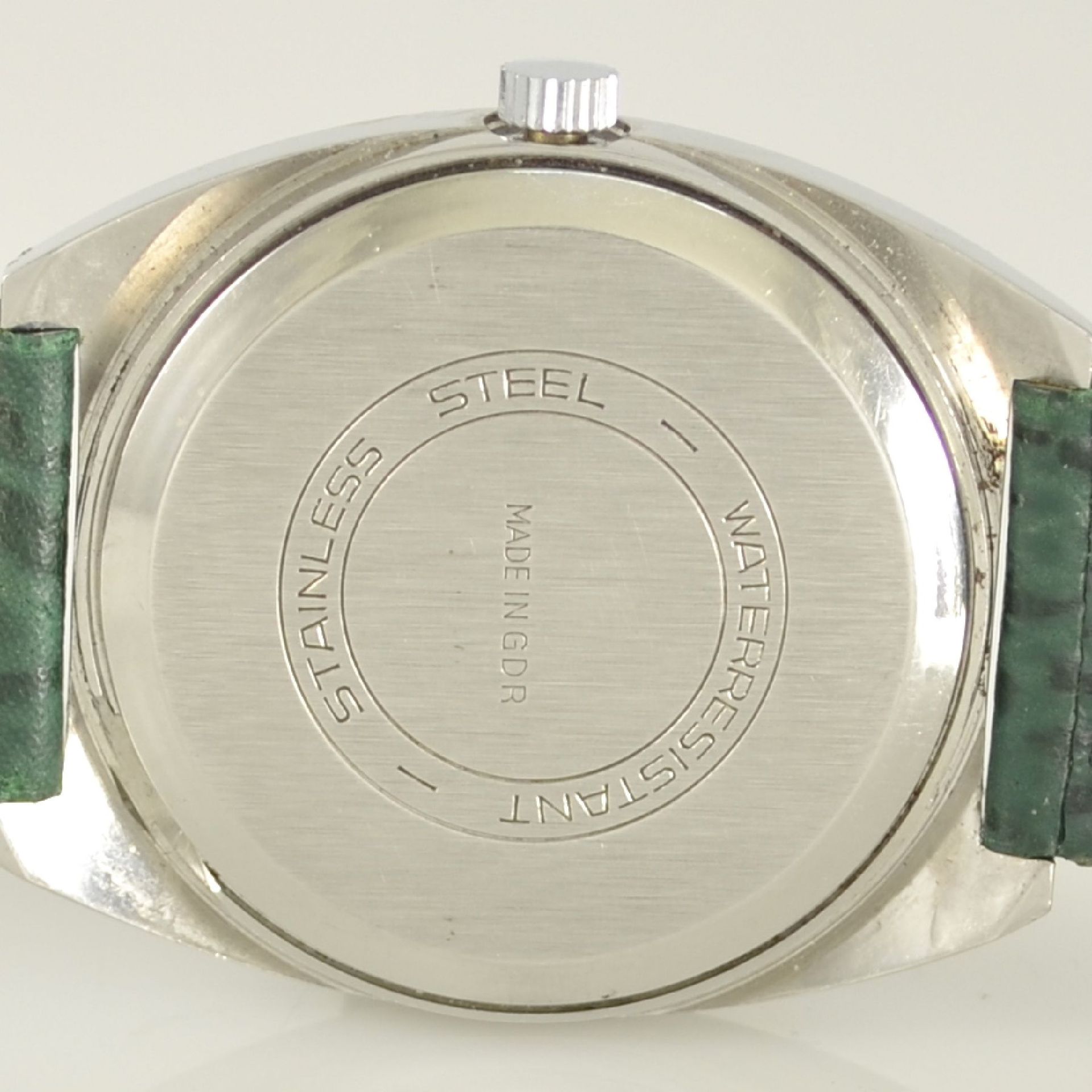 GLASHÜTTE Armbanduhr Spezimatic in Edelstahl, Automatik, DDR um 1970, Boden aufgedr., ausgef. grünes - Bild 5 aus 6