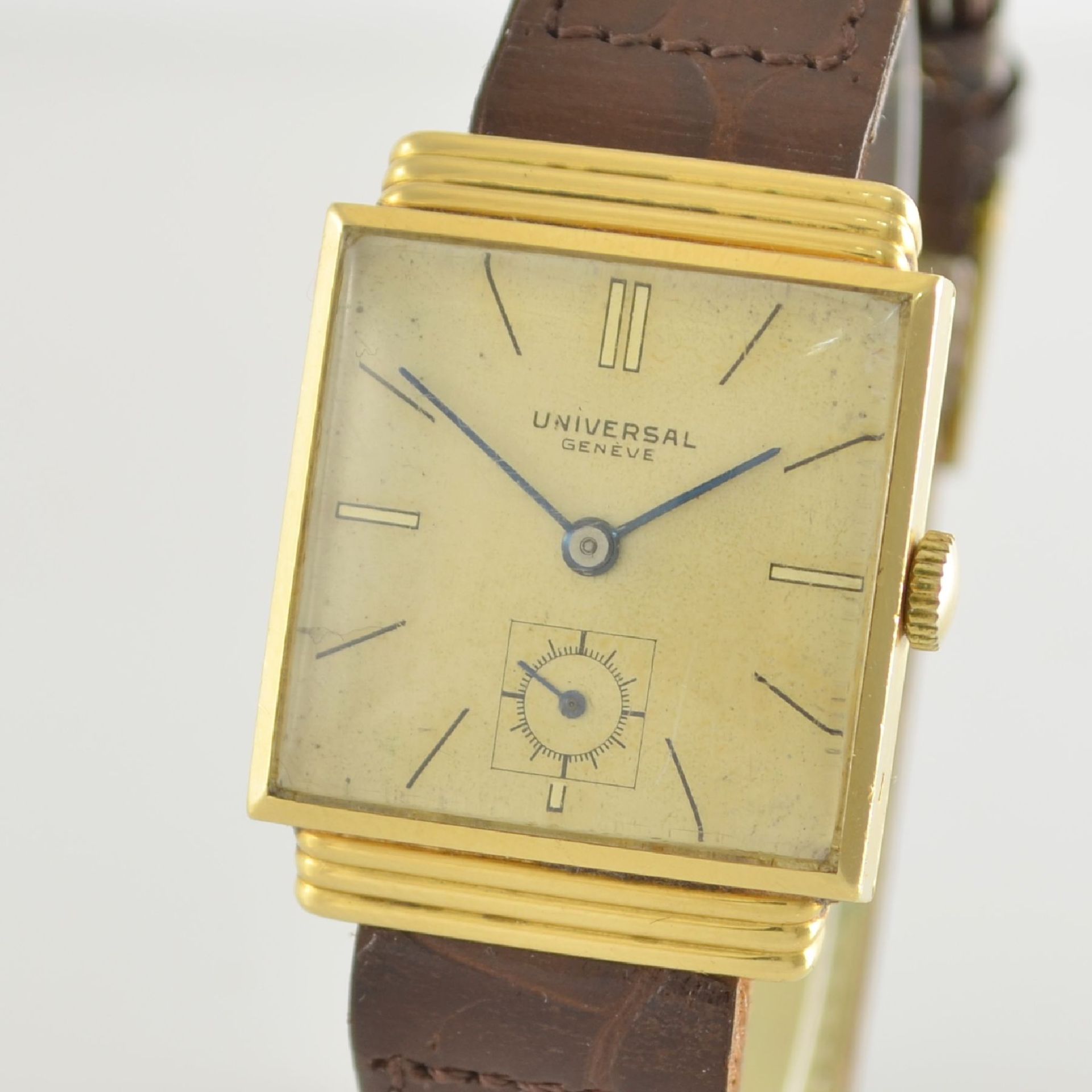 UNIVERSAL GENEVE quadratische Herrenarmbanduhr in GG 750/000, Schweiz um 1940, Handaufzug, 2-tlg. - Bild 4 aus 12