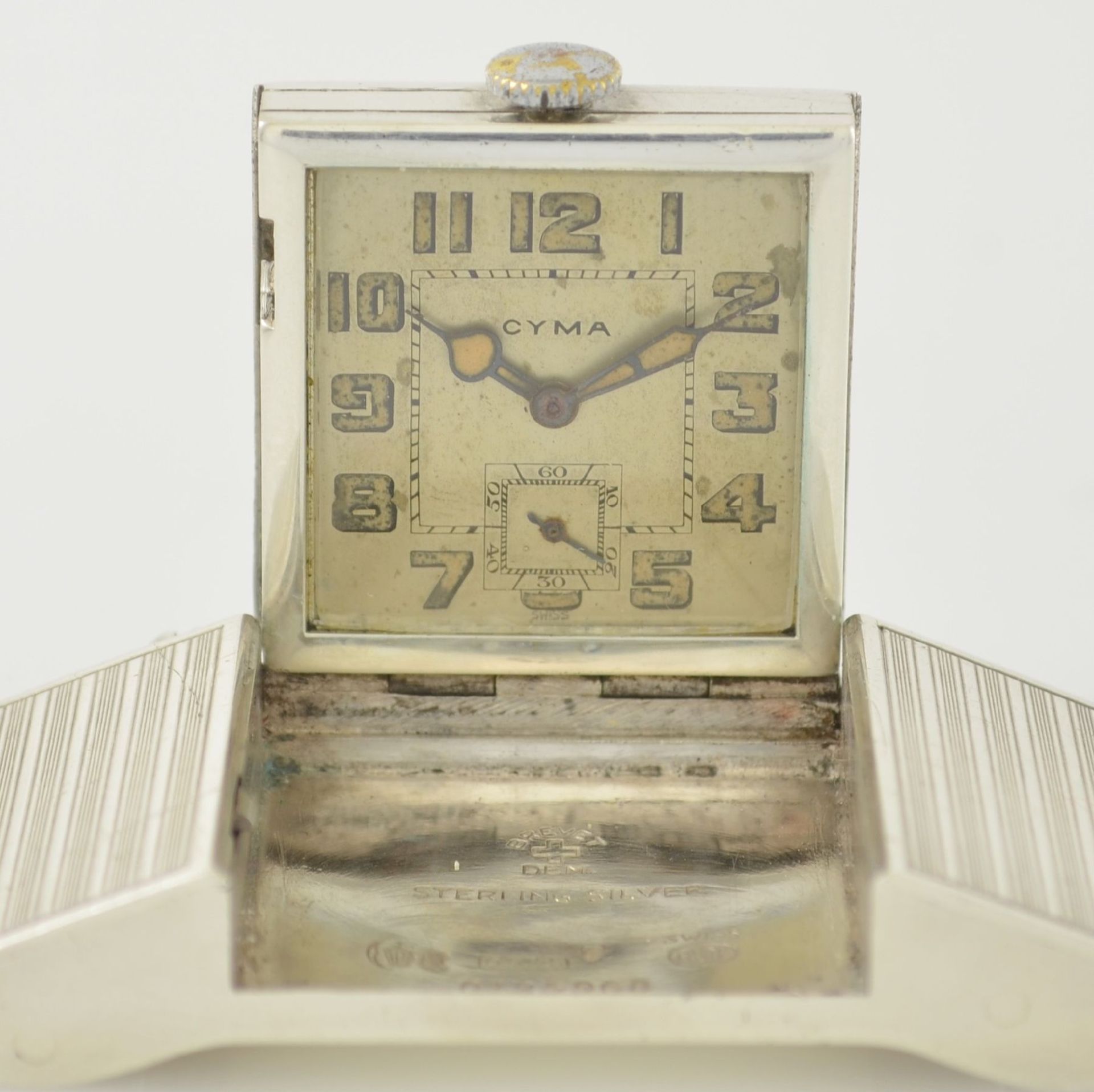CYMA Gürtelschnalle in Sterlingsilber mit ausklappbarer Uhr, Schweiz um 1930, Handaufzug, 3-teil. - Bild 2 aus 6