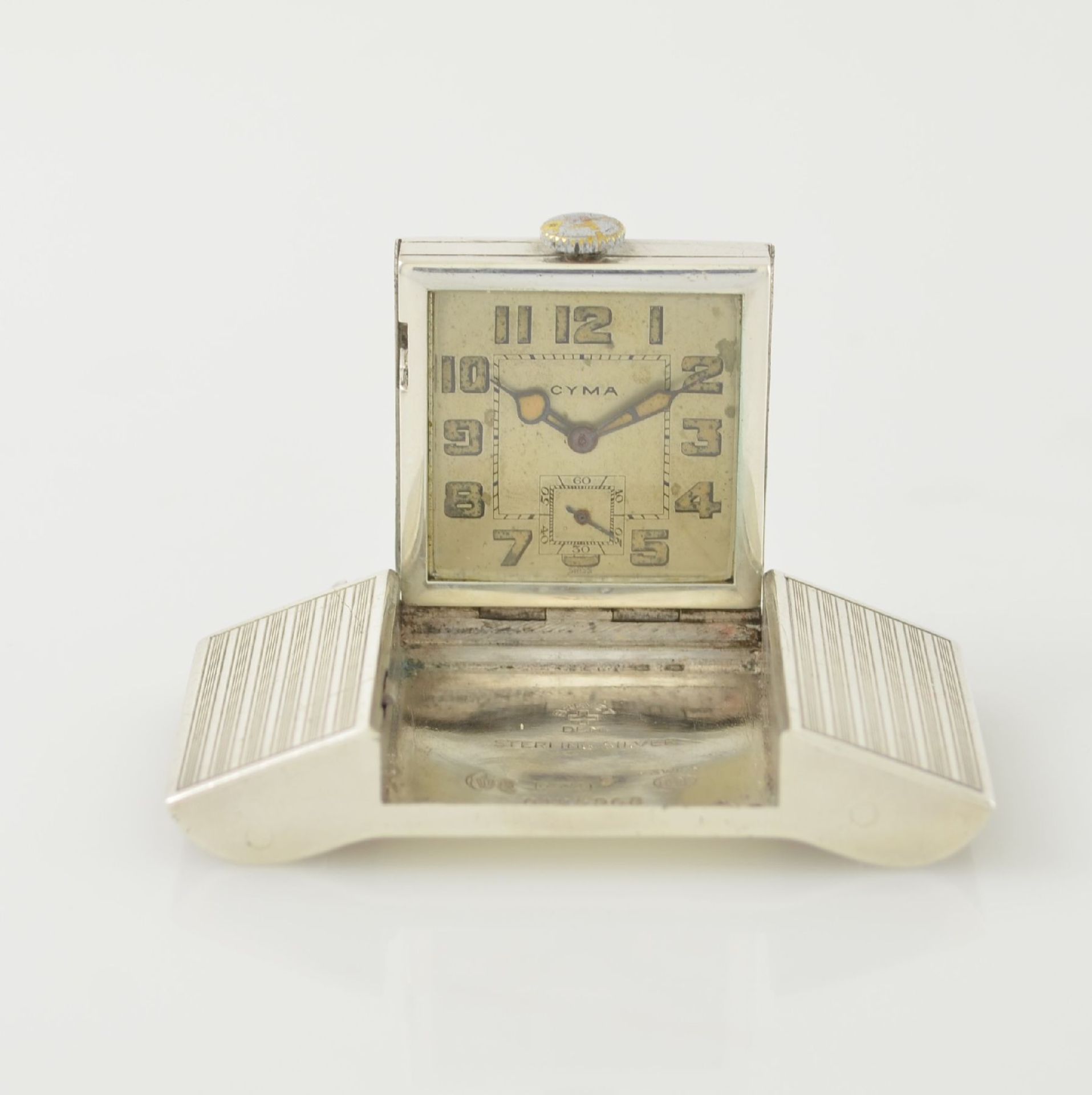 CYMA Gürtelschnalle in Sterlingsilber mit ausklappbarer Uhr, Schweiz um 1930, Handaufzug, 3-teil.