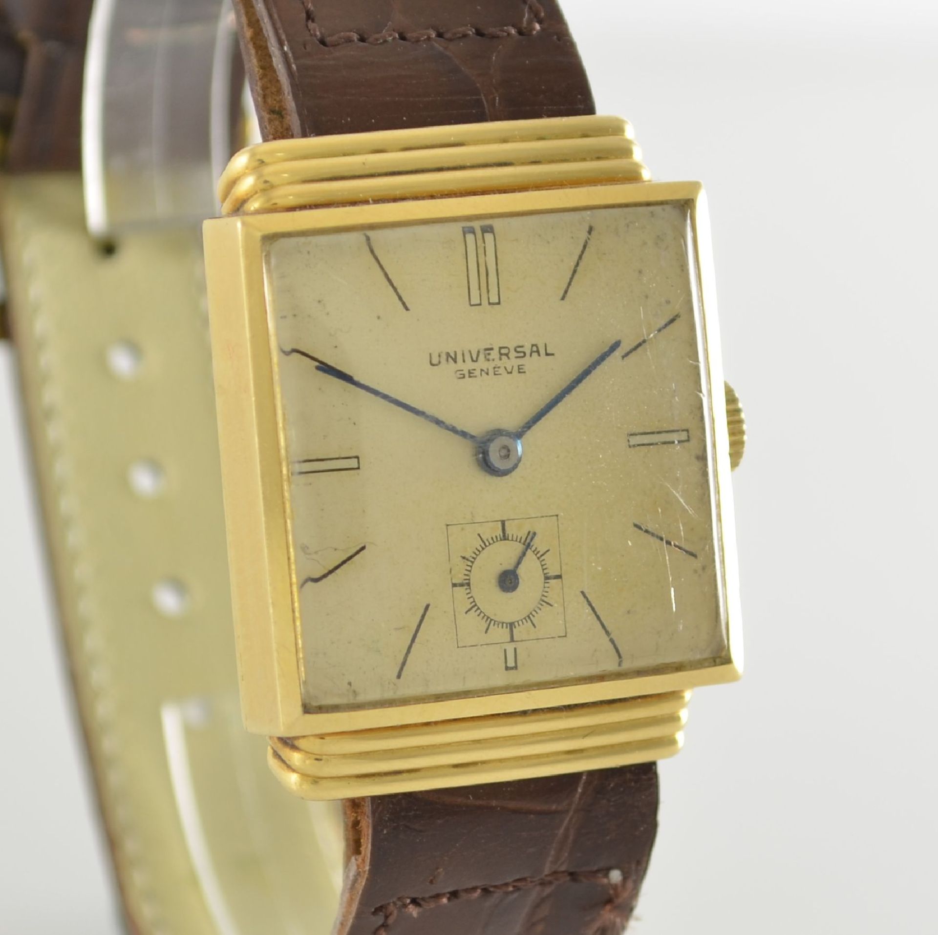 UNIVERSAL GENEVE quadratische Herrenarmbanduhr in GG 750/000, Schweiz um 1940, Handaufzug, 2-tlg. - Bild 6 aus 12