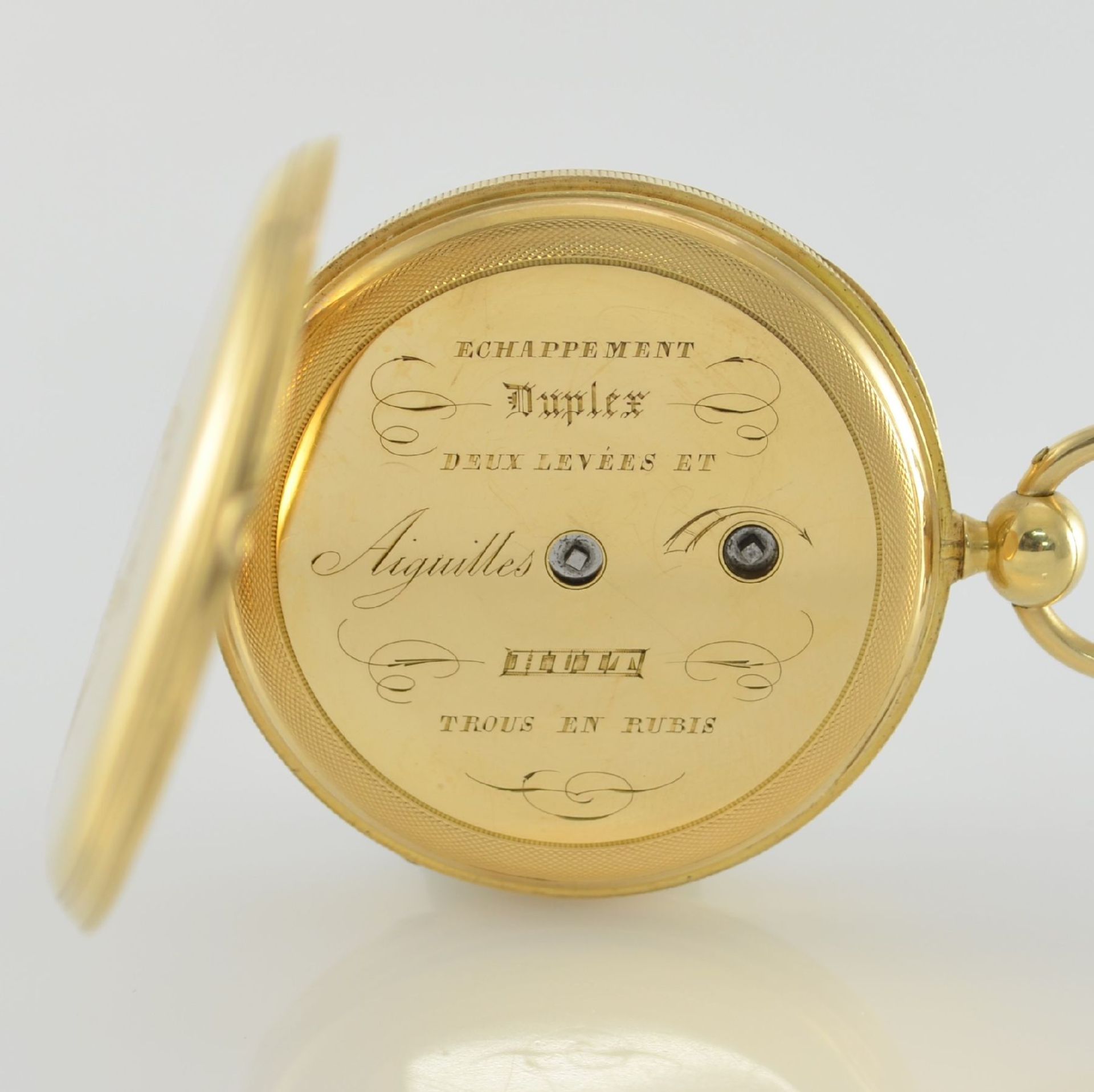 Offene Duplex-Herrentaschenuhr in GG 750/000, Schweiz um 1860, Schlüsselaufzug, guill. 2-Deckel - Bild 4 aus 7