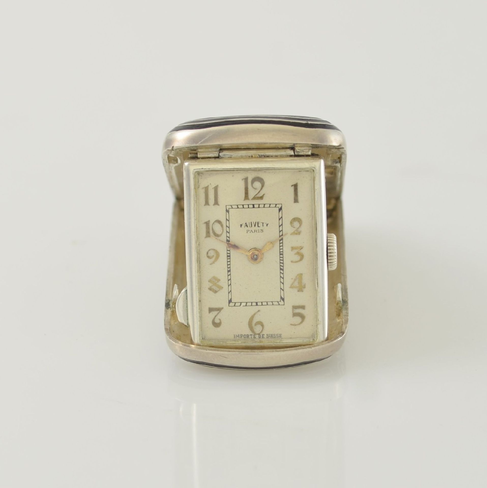 FAUVETY Paris ausklappbare Reiseuhr in Silber , Schweiz um 1930, Handaufzug, guill. & teils lack. - Bild 2 aus 6