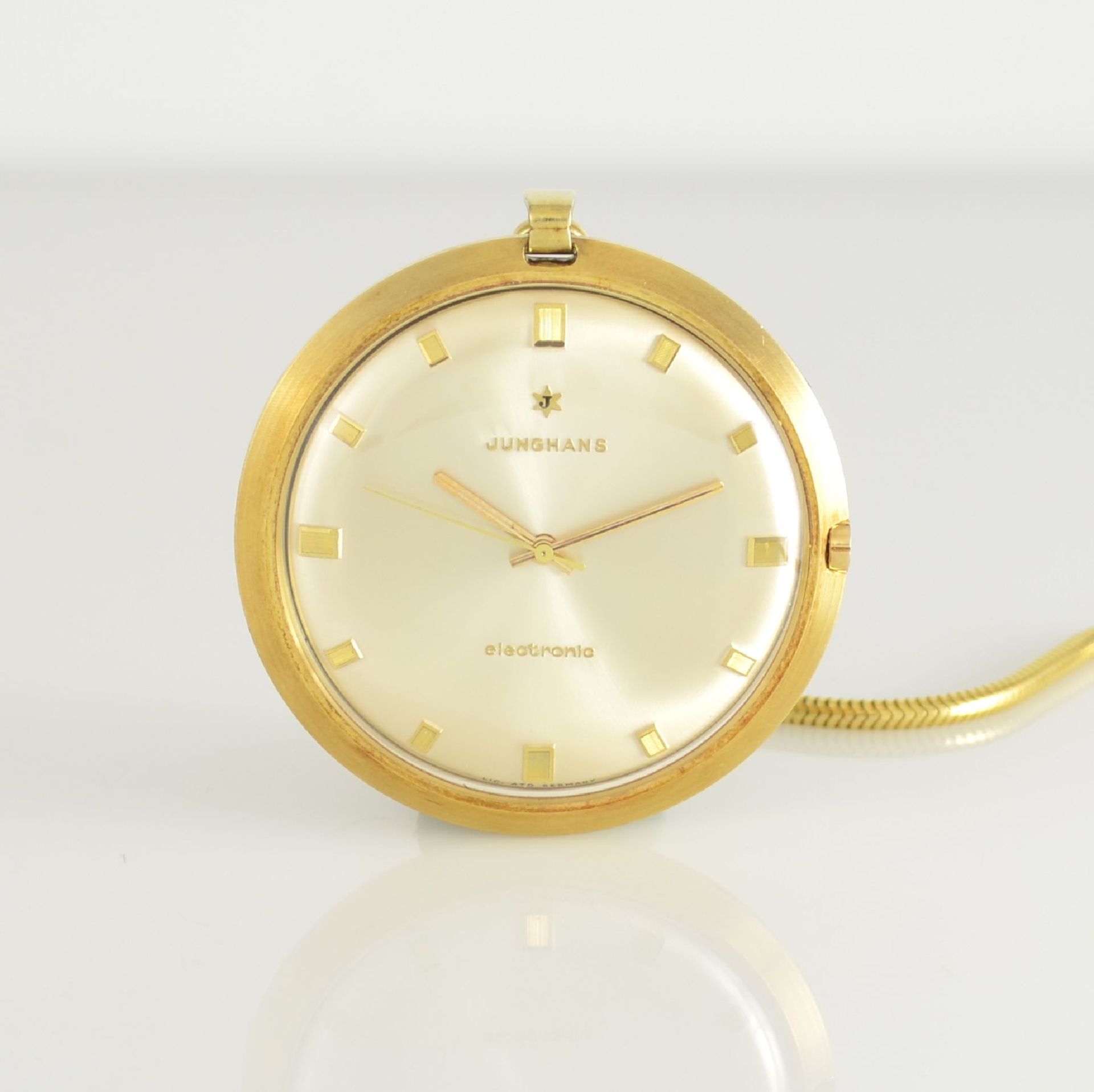 JUNGHANS Electronic Taschenuhr in GG 585/000 mit Kette in GG 333/000, Deutschland um 1968, 2-tlg.