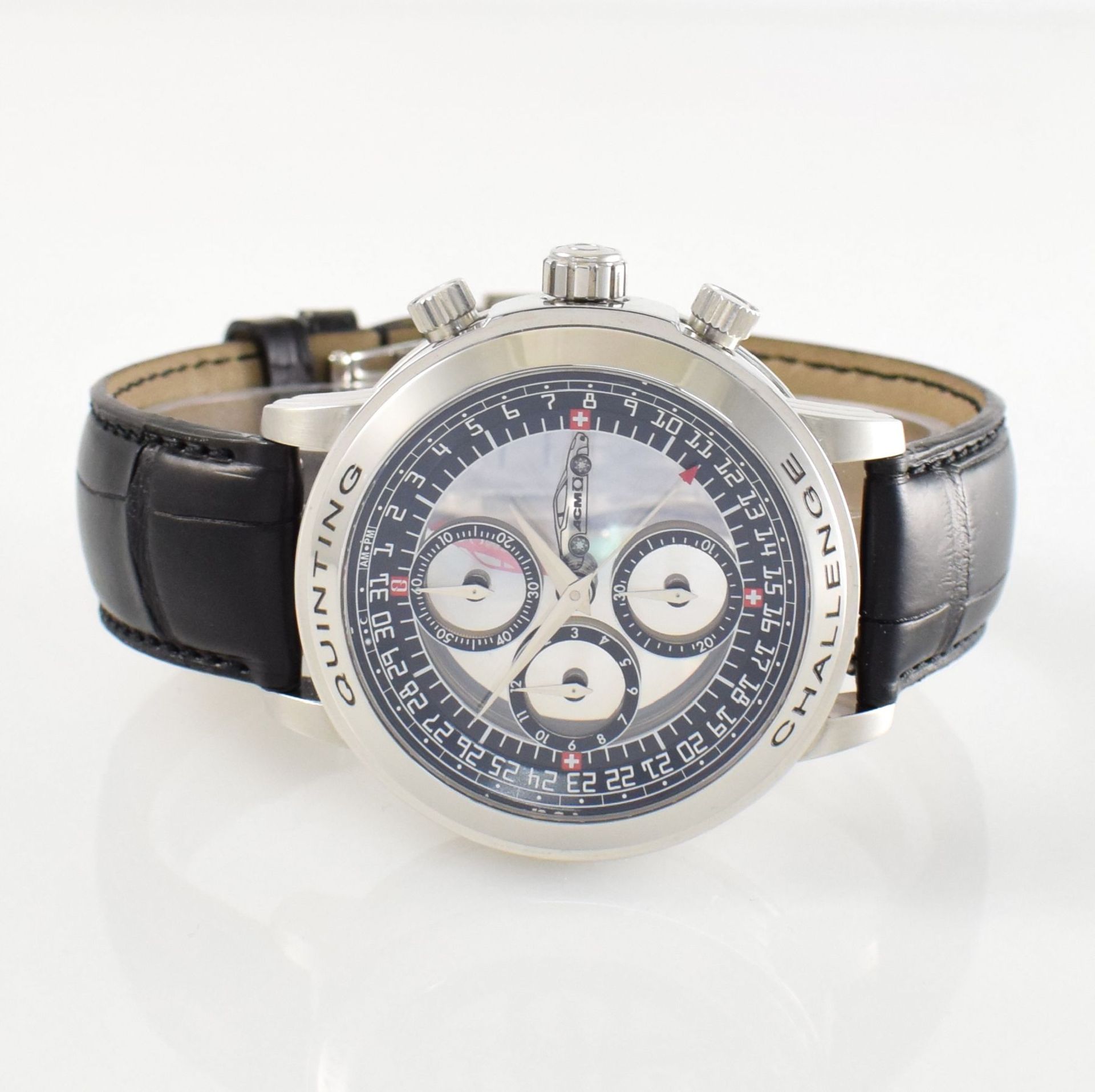 QUINTING seltener Armbandchronograph mit mysterieuser Anzeige "Ferrari Challenge", Ref. QSL55FC, auf