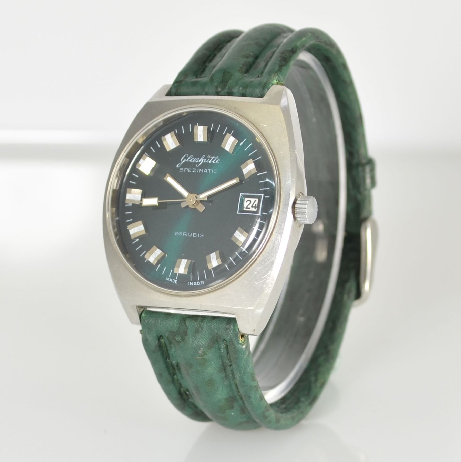 GLASHÜTTE Armbanduhr Spezimatic in Edelstahl, Automatik, DDR um 1970, Boden aufgedr., ausgef. grünes - Bild 3 aus 6