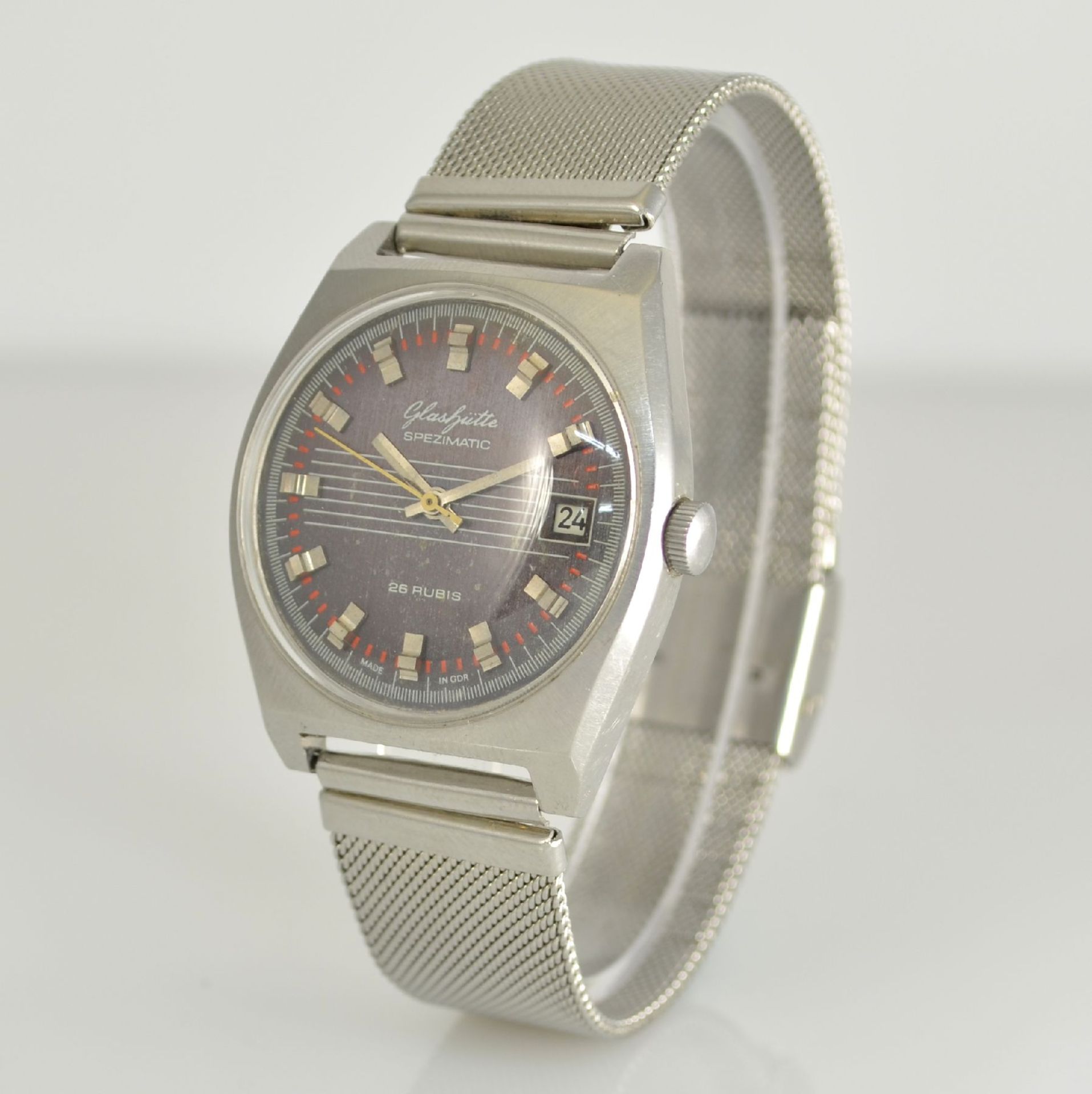 GLASHÜTTE Armbanduhr Spezimatic in Edelstahl, Automatik, DDR um 1970, Boden aufgedr., ausgef. - Bild 3 aus 6