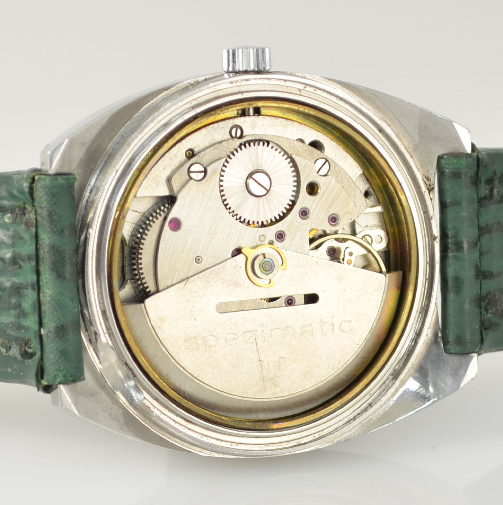 GLASHÜTTE Armbanduhr Spezimatic in Edelstahl, Automatik, DDR um 1970, Boden aufgedr., ausgef. grünes - Bild 6 aus 6
