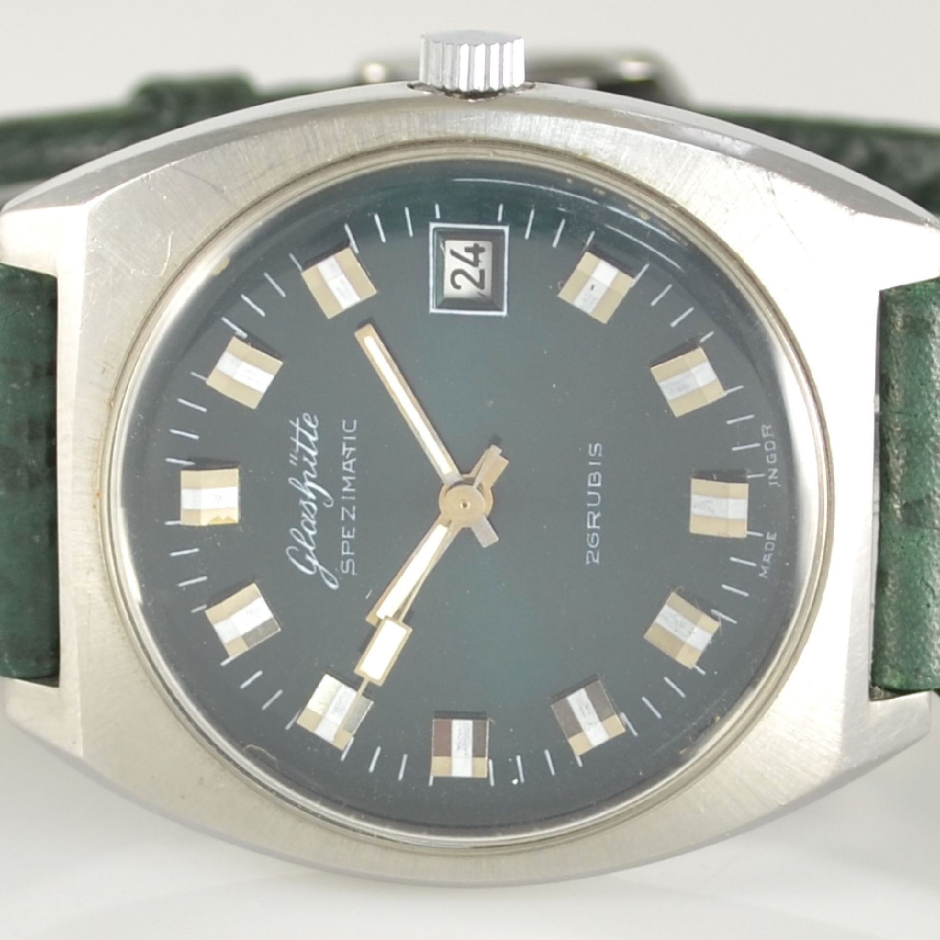 GLASHÜTTE Armbanduhr Spezimatic in Edelstahl, Automatik, DDR um 1970, Boden aufgedr., ausgef. grünes - Bild 2 aus 6