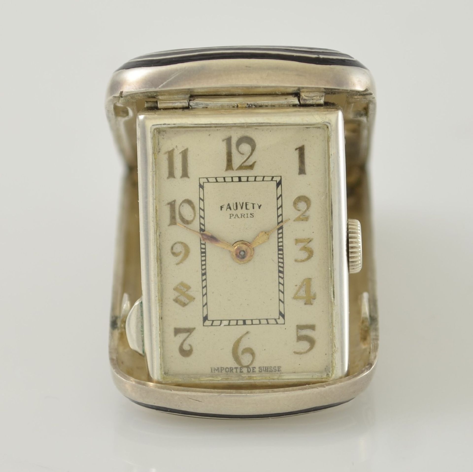 FAUVETY Paris ausklappbare Reiseuhr in Silber , Schweiz um 1930, Handaufzug, guill. & teils lack. - Bild 3 aus 6