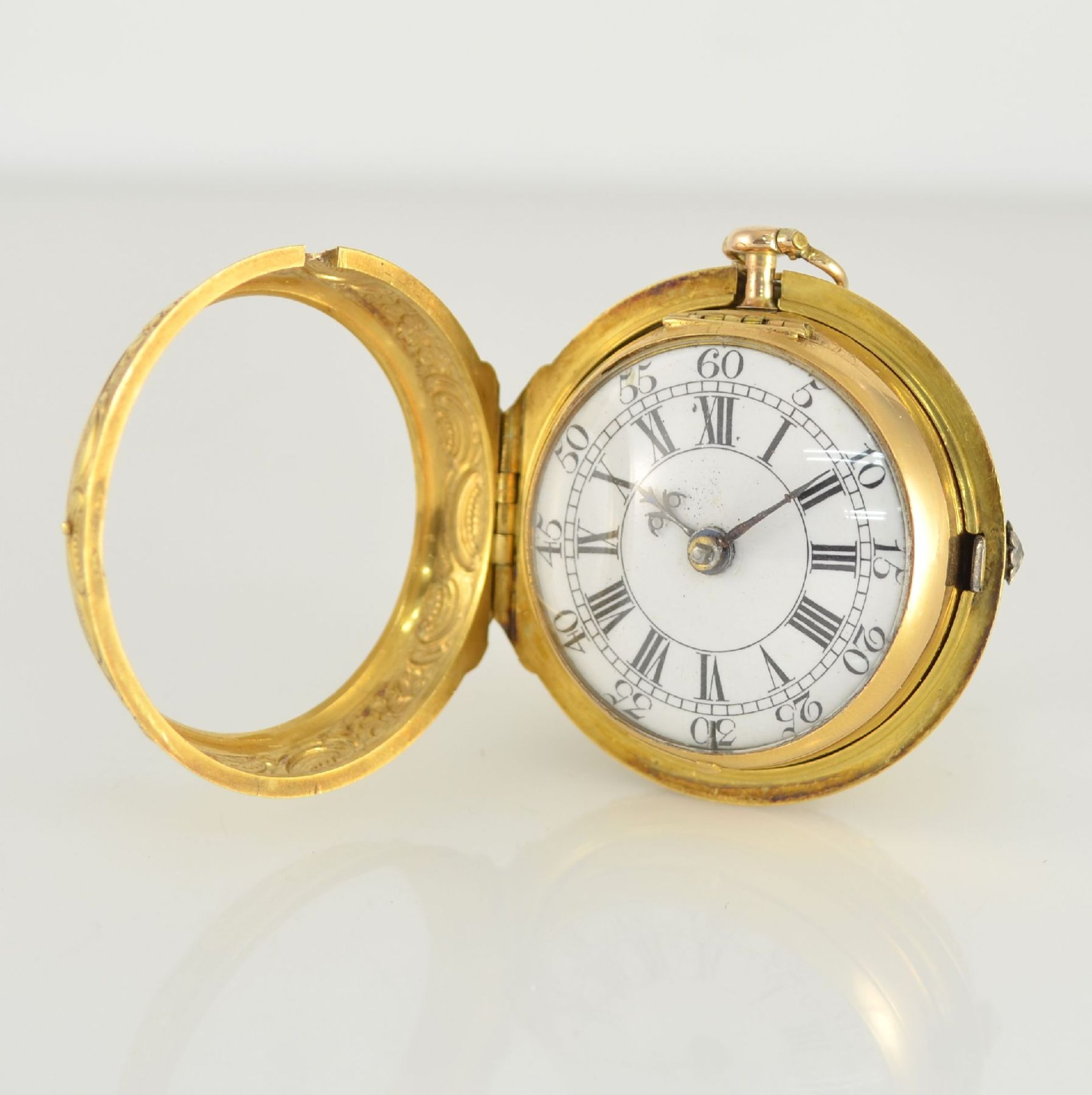 J. SNELLING London offene Taschenuhr in GG 750/000 mit Repoussée-Übergehäuse, um 1740, - Bild 3 aus 10