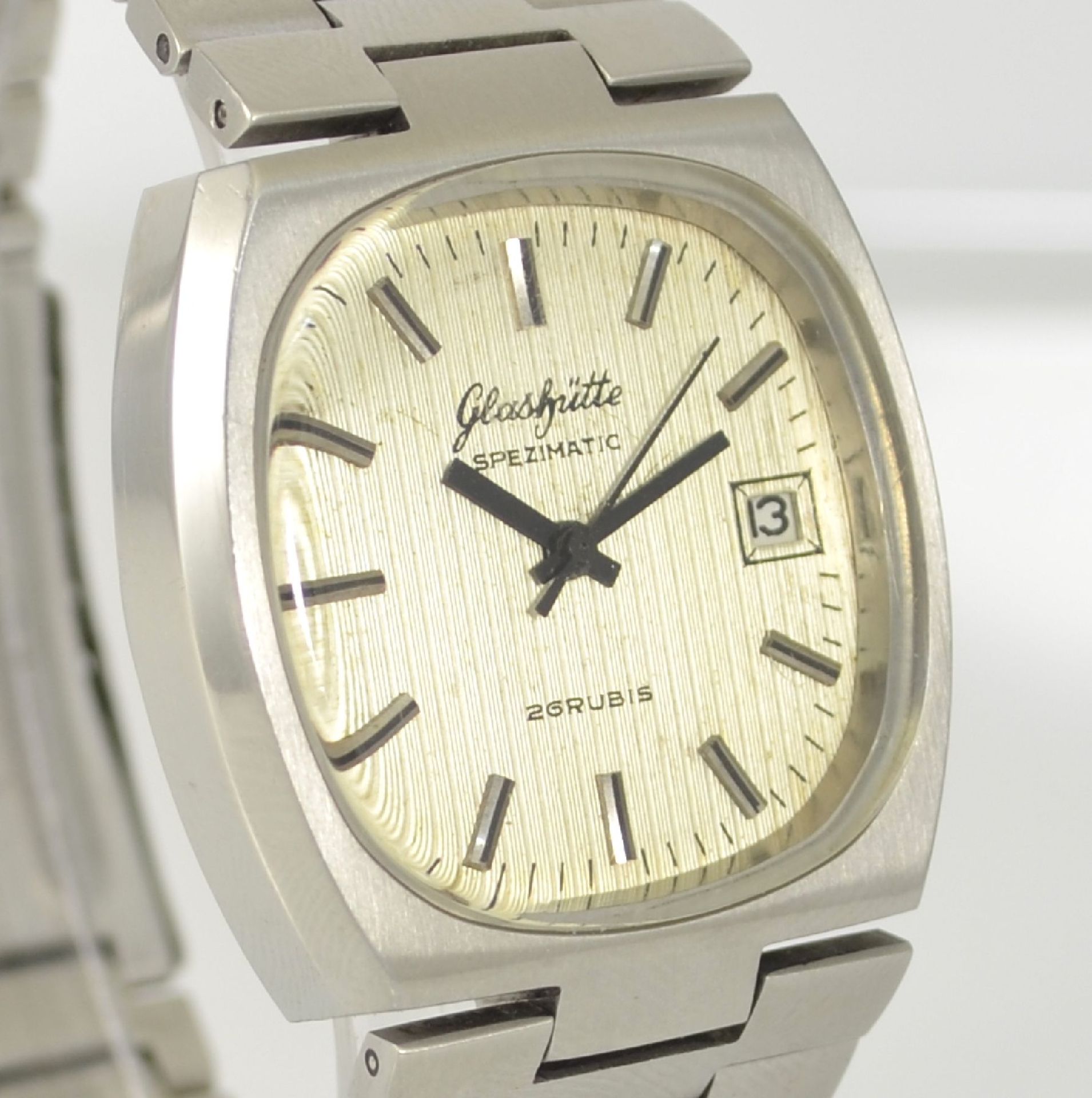 GLASHÜTTE Armbanduhr Spezimatic in Edelstahl, Automatik, DDR um 1970, Boden aufgedr., integriertes - Bild 4 aus 6