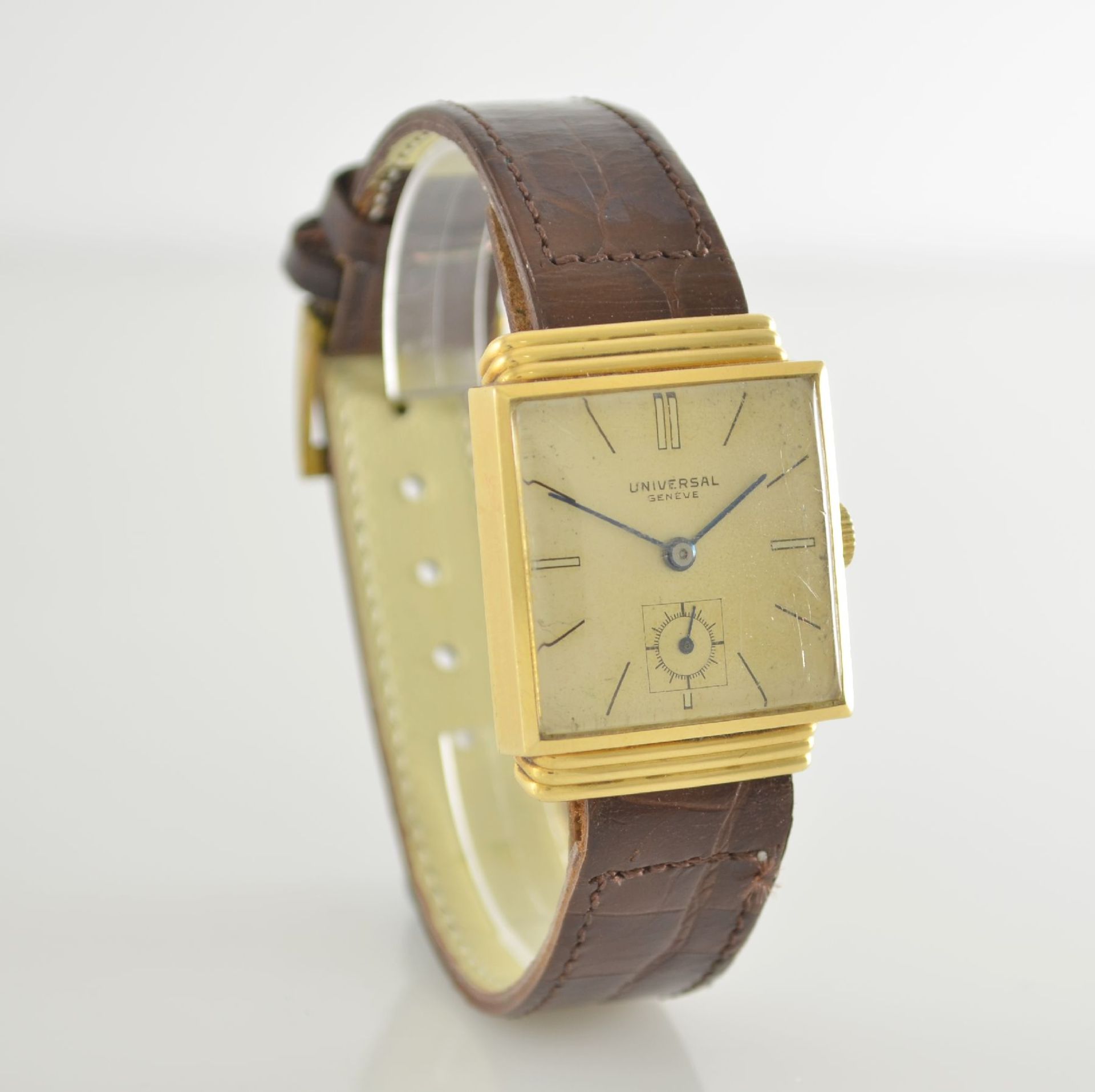 UNIVERSAL GENEVE quadratische Herrenarmbanduhr in GG 750/000, Schweiz um 1940, Handaufzug, 2-tlg. - Bild 5 aus 12