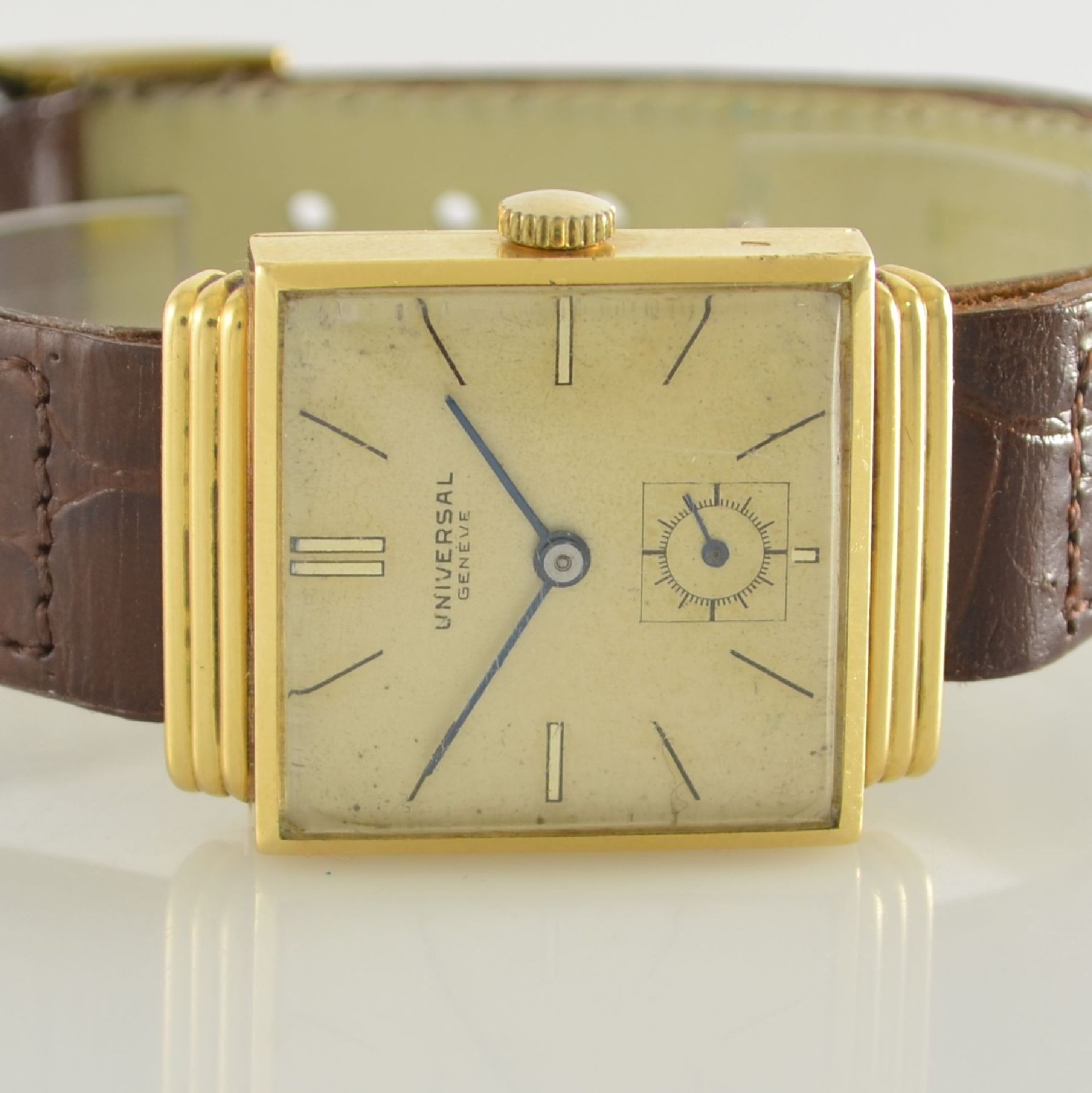 UNIVERSAL GENEVE quadratische Herrenarmbanduhr in GG 750/000, Schweiz um 1940, Handaufzug, 2-tlg. - Bild 2 aus 12