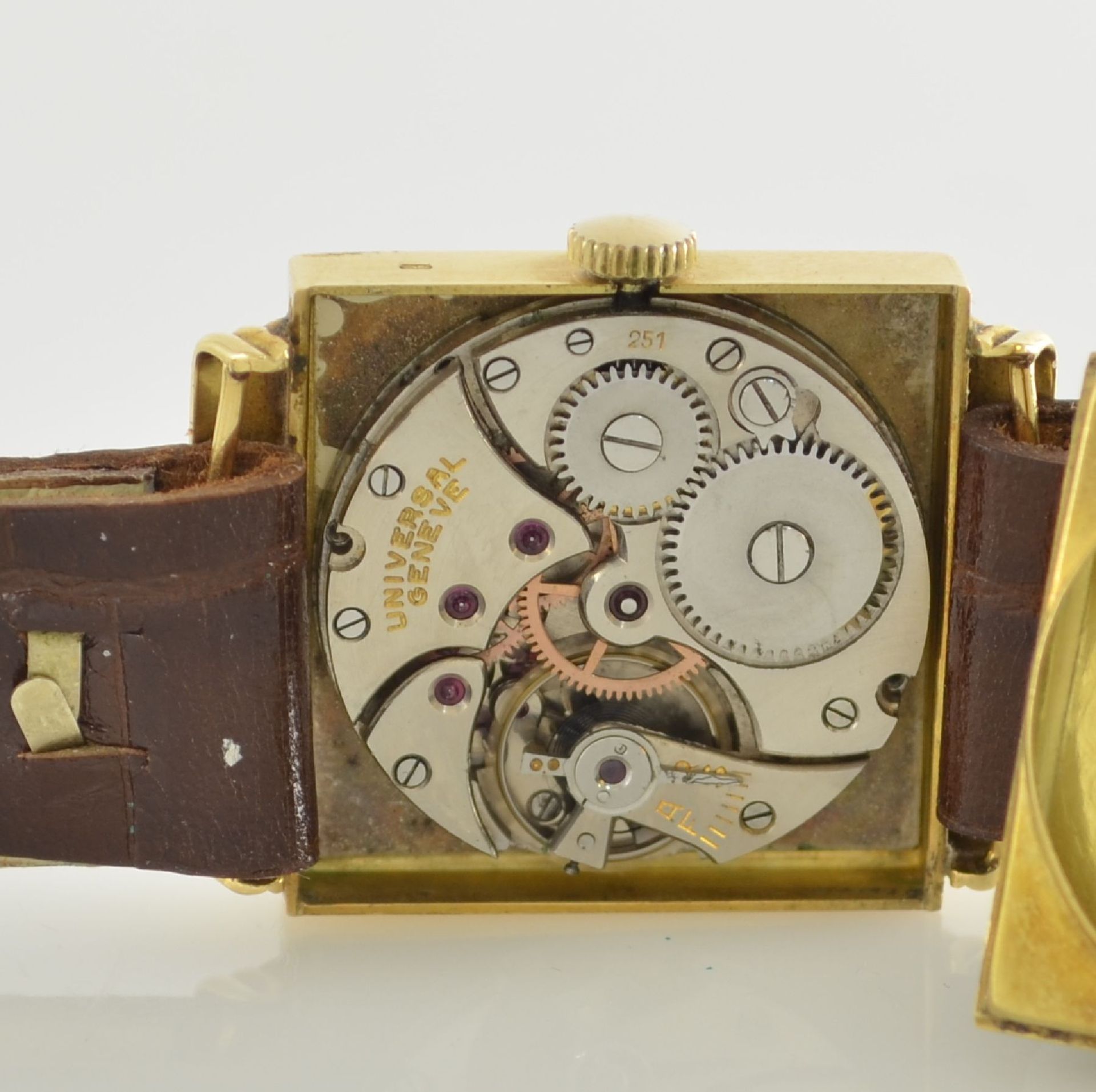 UNIVERSAL GENEVE quadratische Herrenarmbanduhr in GG 750/000, Schweiz um 1940, Handaufzug, 2-tlg. - Bild 9 aus 12