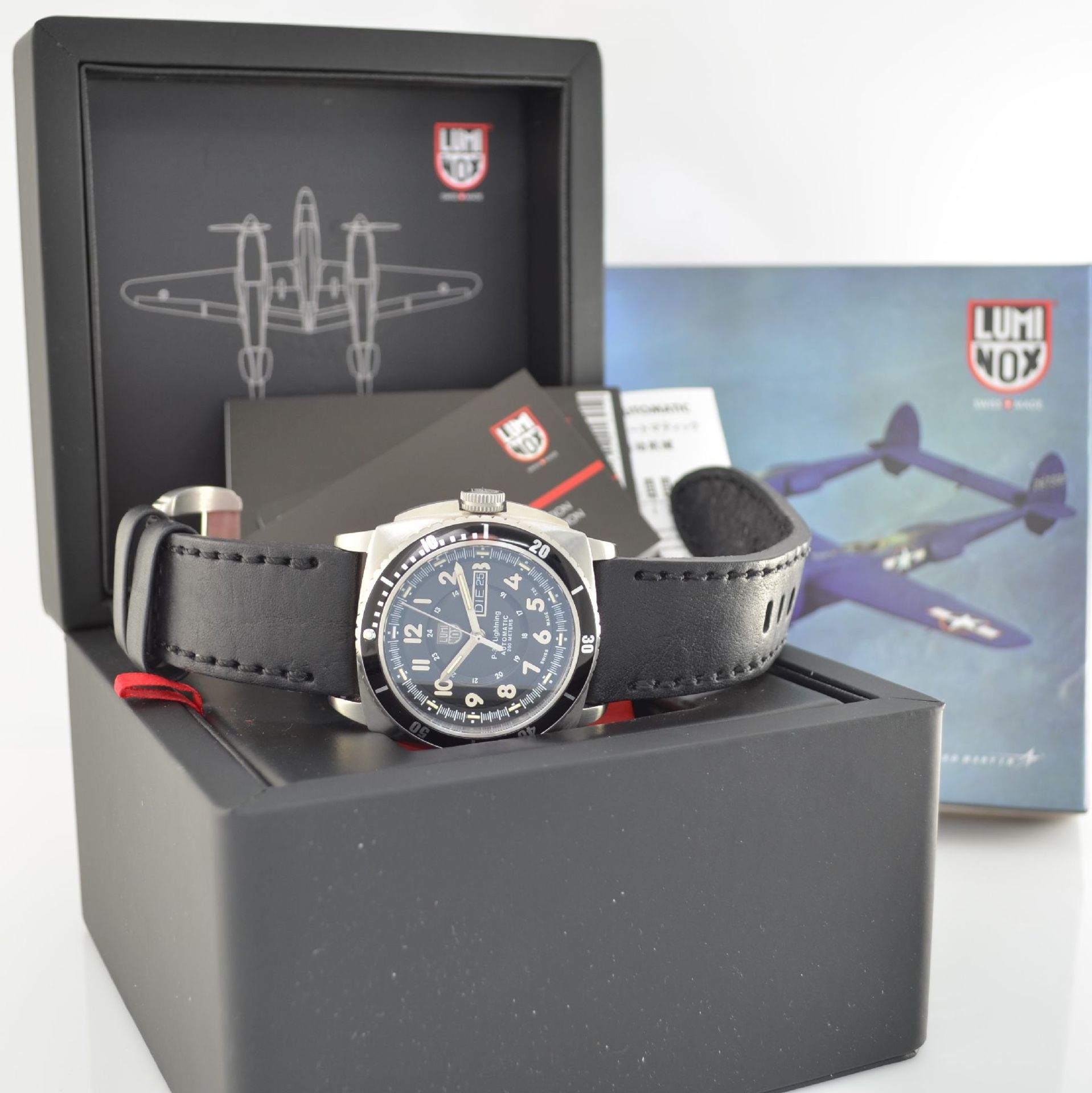 LUMINOX P-38 Lightning Herrenarmbanduhr in Edelstahl, Schweiz um 2015, Automatik, verschr. - Bild 8 aus 8