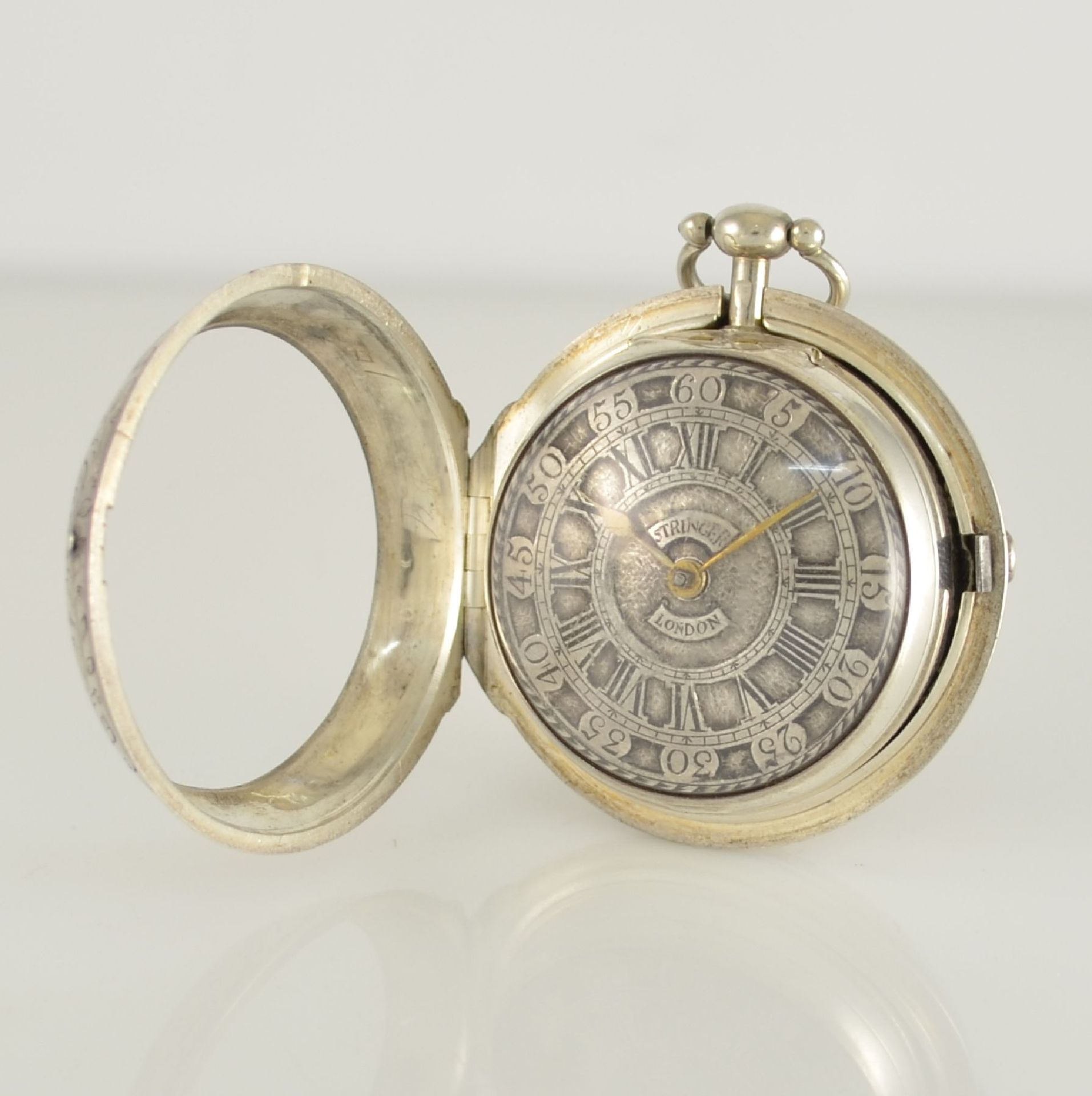 JOHN STRINGER London silberne Spindeltaschenuhr mit Übergehäuse, um 1780, silb. Zifferbl. m. röm. - Bild 3 aus 8