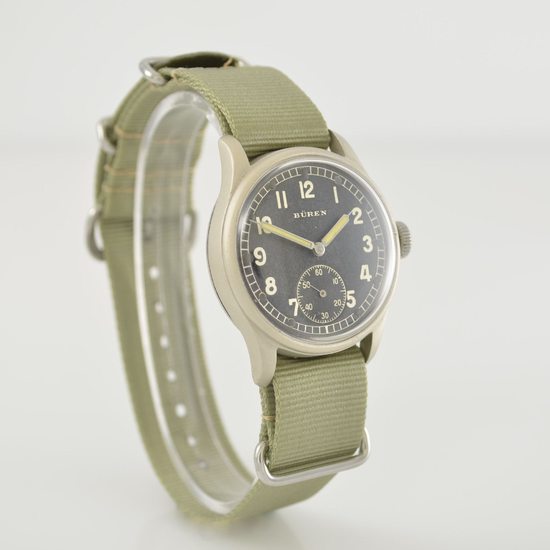 BÜREN D23610H militärische Armbanduhr der Wehrmacht II WK, Schweiz um 1940, Handaufzug, vernick. - Bild 4 aus 6