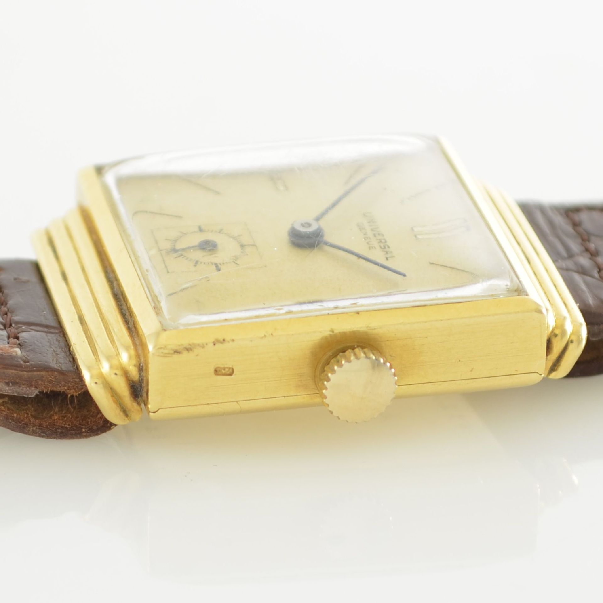 UNIVERSAL GENEVE quadratische Herrenarmbanduhr in GG 750/000, Schweiz um 1940, Handaufzug, 2-tlg. - Bild 11 aus 12