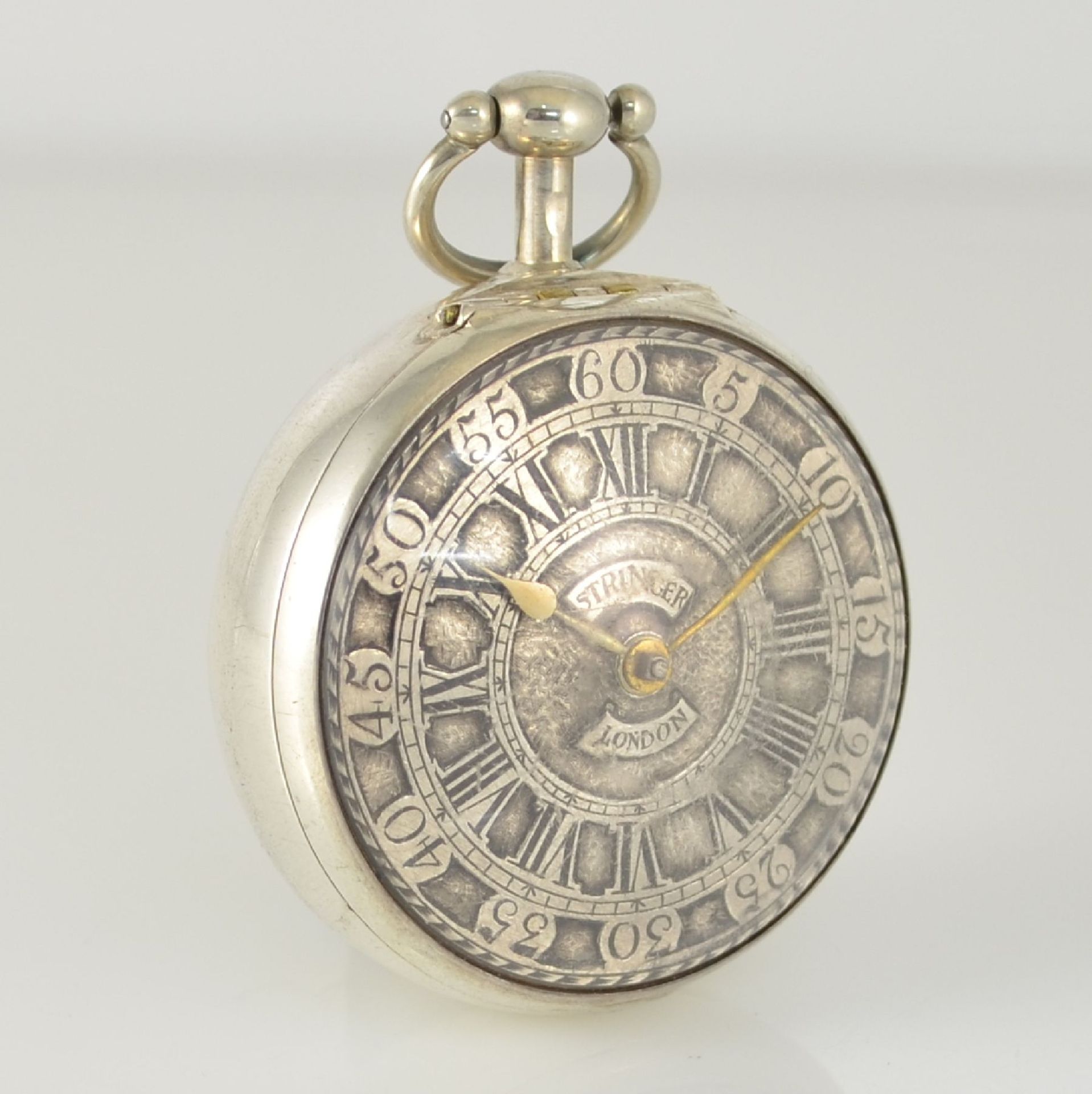 JOHN STRINGER London silberne Spindeltaschenuhr mit Übergehäuse, um 1780, silb. Zifferbl. m. röm. - Bild 4 aus 8