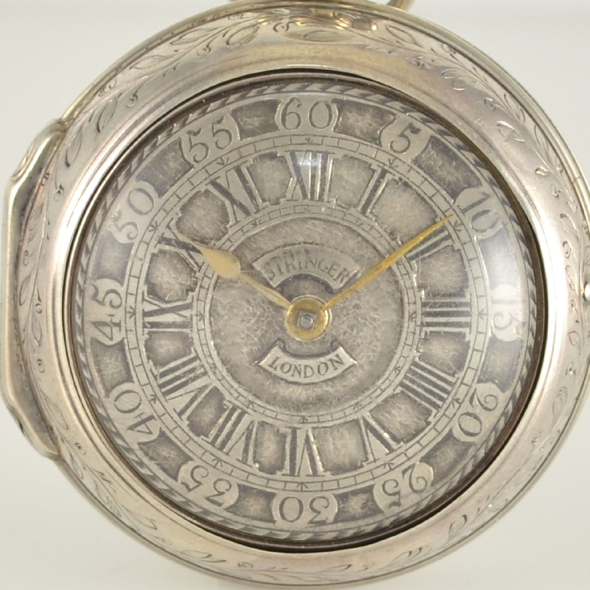 JOHN STRINGER London silberne Spindeltaschenuhr mit Übergehäuse, um 1780, silb. Zifferbl. m. röm. - Bild 2 aus 8