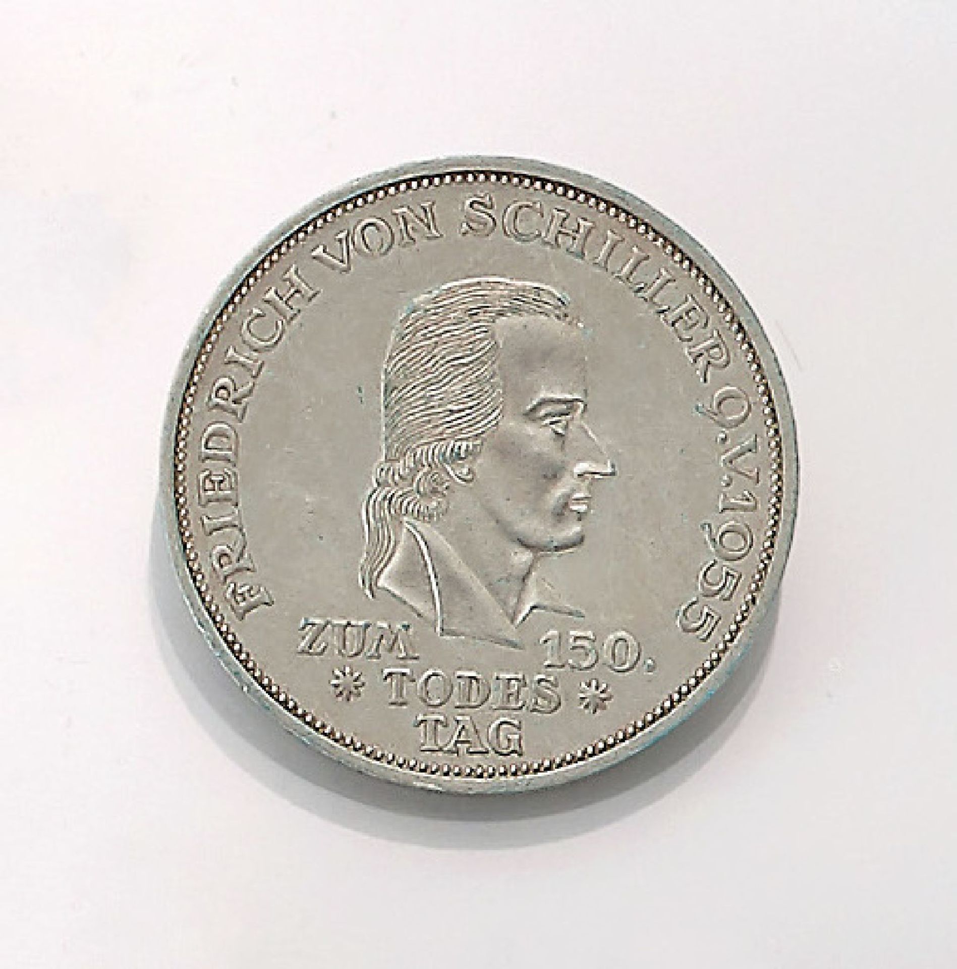 Silbermünze, 5 Mark, Deutschland, 1955, Friedrich von Schiller, zum 150. Todestag, Prägemarke