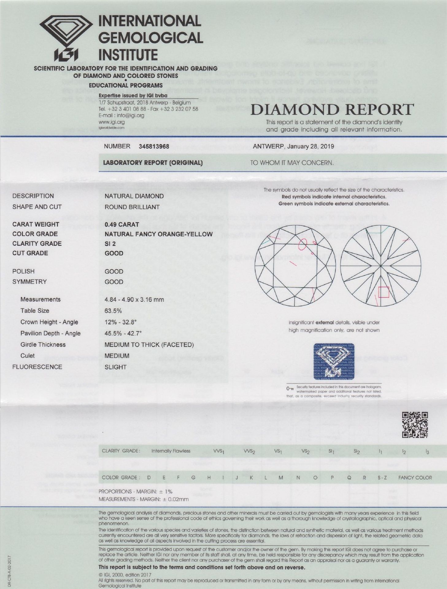 Loser Brillant, 0.49 ct Natural fancy Orange-Yellow/si2, mit IGI-Expertise Schätzpreis: 2025, - - Bild 4 aus 4