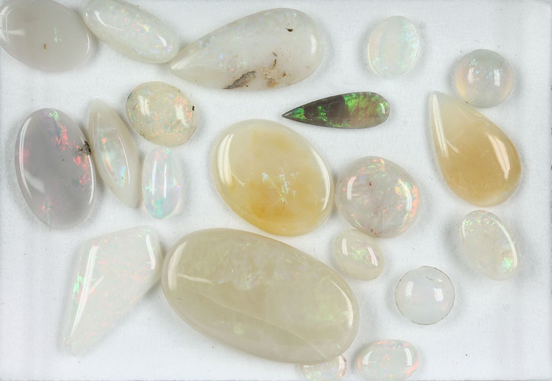 Lot lose Opale, zus. ca. 53.5 ct, Opalcabochons in versch. Größen und Formen, 1 Opal trockenrissig