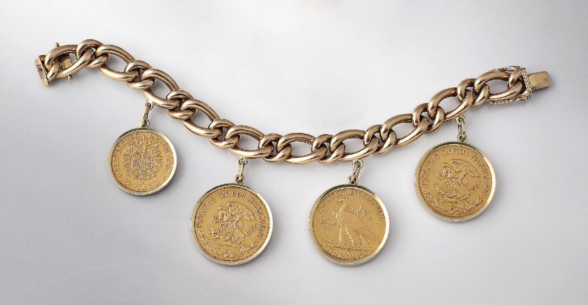 8 kt Gold Bettelarmband mit 4 Münzen, GG 333/000 und Dukatengold, Münzen: 2 x 20 Pesos, Mexiko,