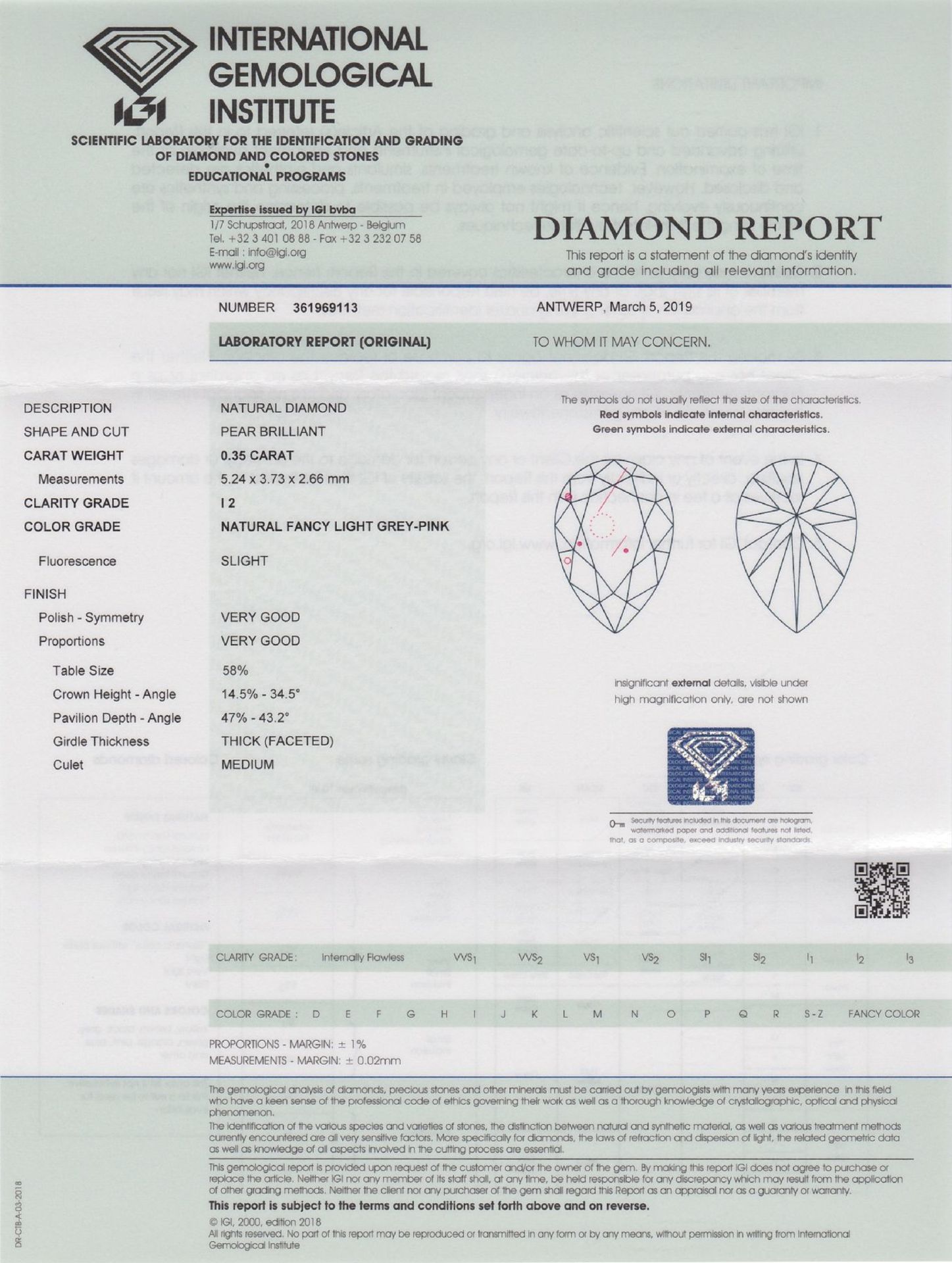 Loser Diamant, 0.35 ct Natural fancy light Grey-Pink/p2, tropfenf. facett., verschweißt, mit IGI- - Bild 4 aus 4