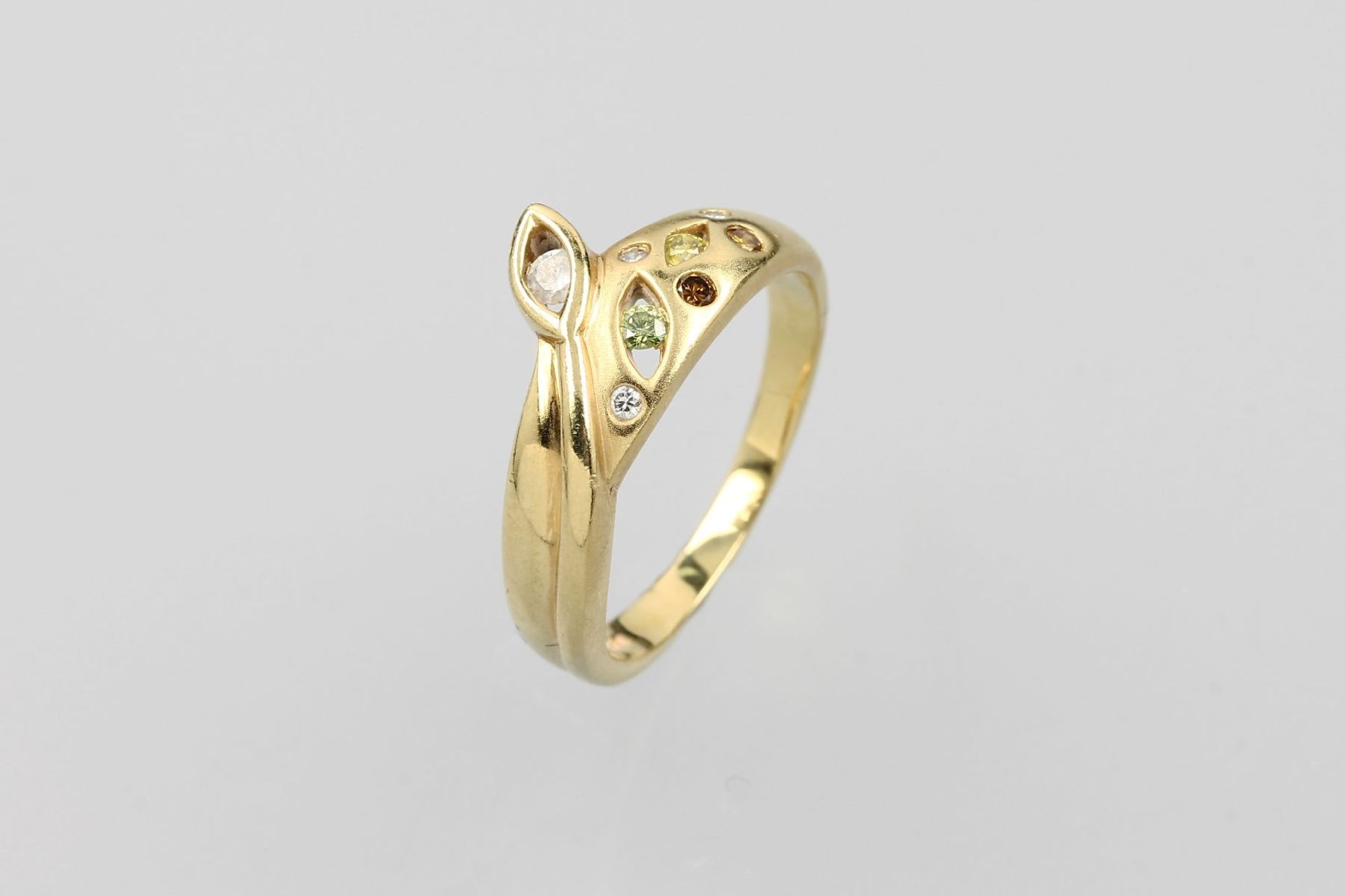18 kt Gold Ring mit Brillanten, GG 750/000,florale Gestaltung, Brillanten zus. ca. 0.18 ct Weiß,