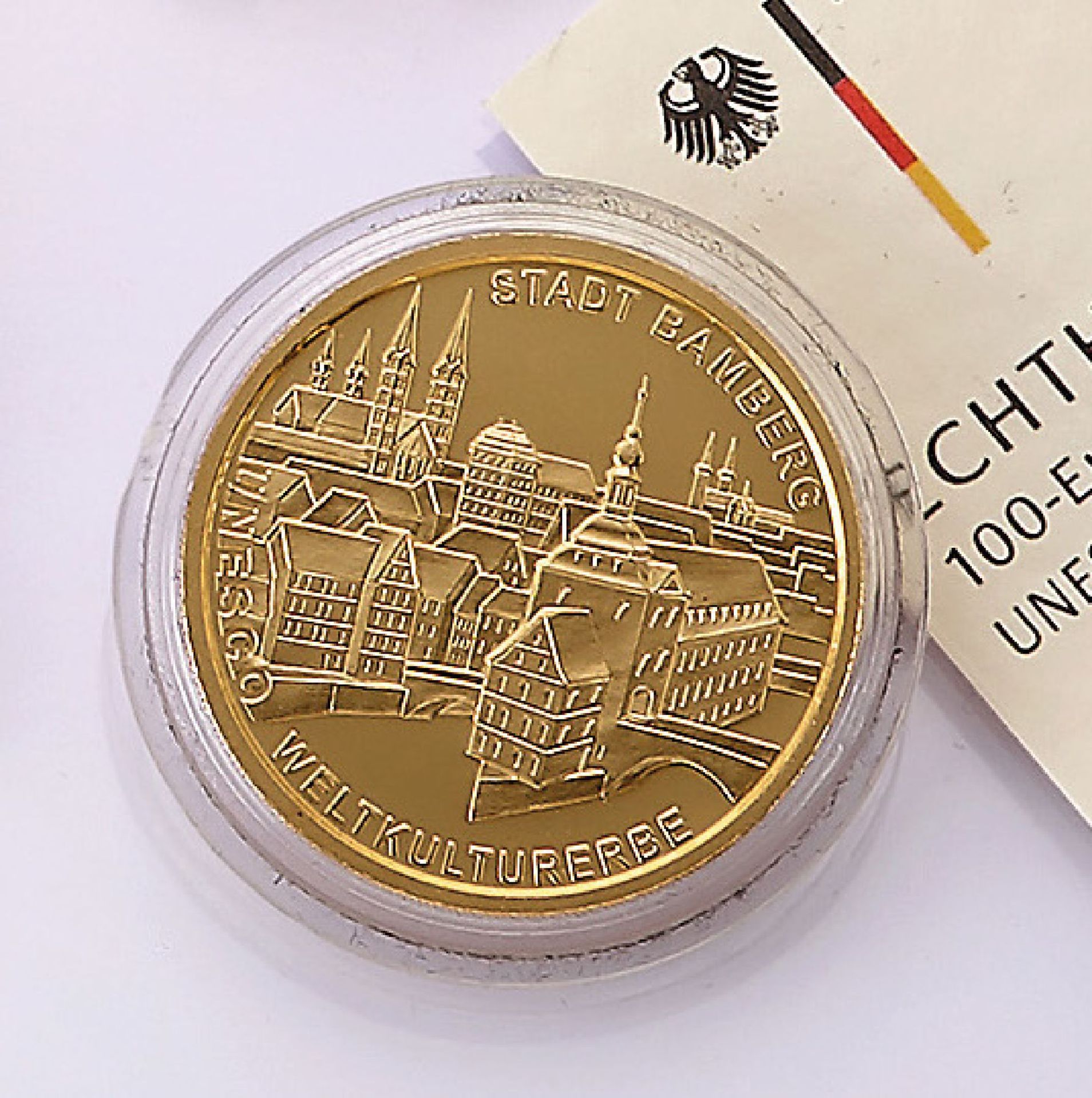 Goldmünze, 100 Euro, Deutschland, 2004, UNESCO Welterbestadt Bamberg, Prägemarke D, Entwurf Prof.