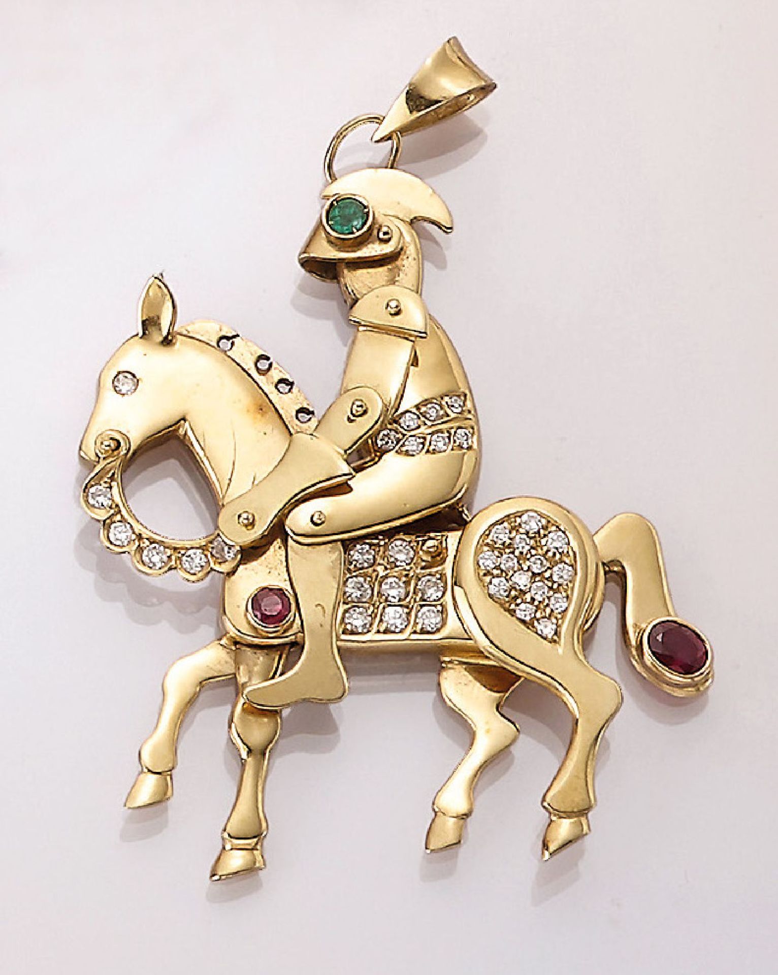 18 kt Gold Anhänger "Ritter auf Pferd" mit Brillanten und Farbsteinen, GG 750/000, Pferd und