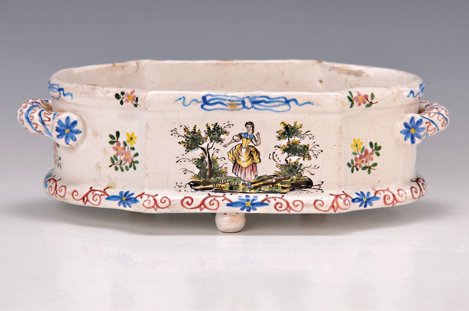 Kleine Jardiniere, Faiencerie d'Aprey, um 1780-90, Fayence, reich bunt bemalt mit Blumen und