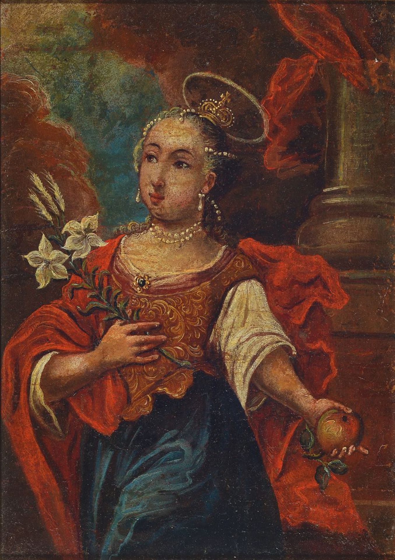 Unbekannter Künstler, Peru, um 1760, Darstellung der heiligen Rosa mit Krone, Heiligenschein u.