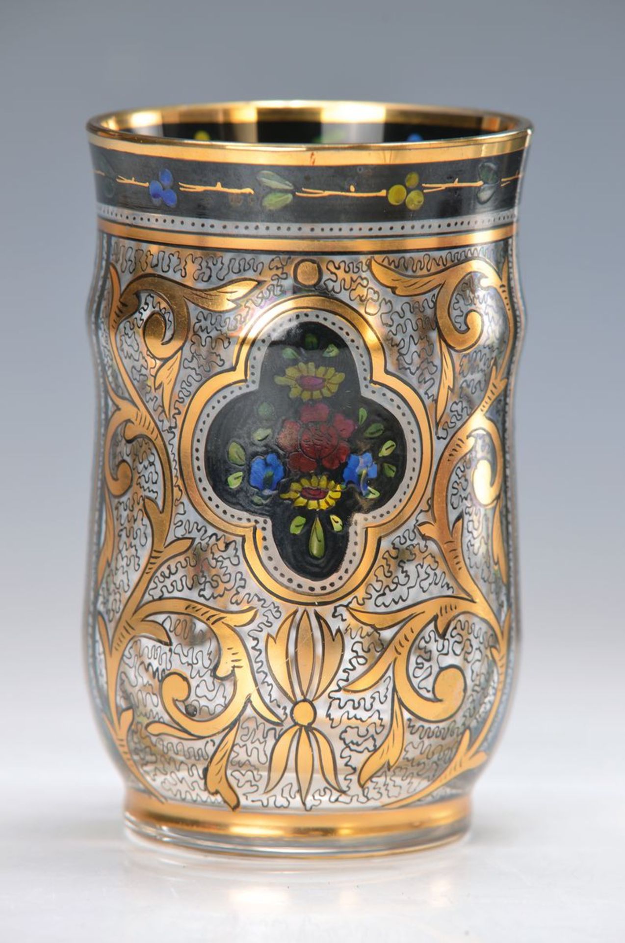 Becherglas, Steinschönau, 1920er Jahre, wohl Hermann Pautsch, farbloses Glas, reiche bunte