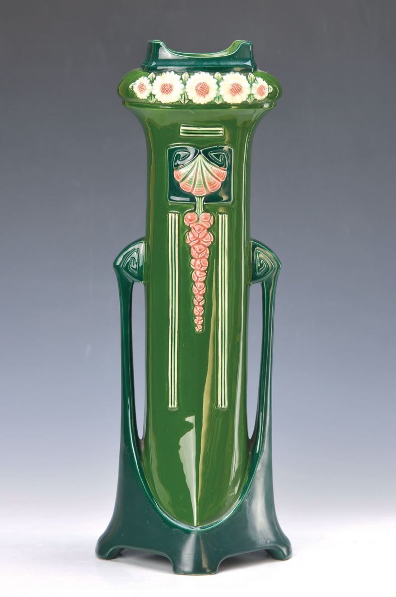 Vase, Eichwald Böhmen, um 1900, Steingut, grün glasiert, floraler Reliefdekor, H. ca. 35.5cmvase,