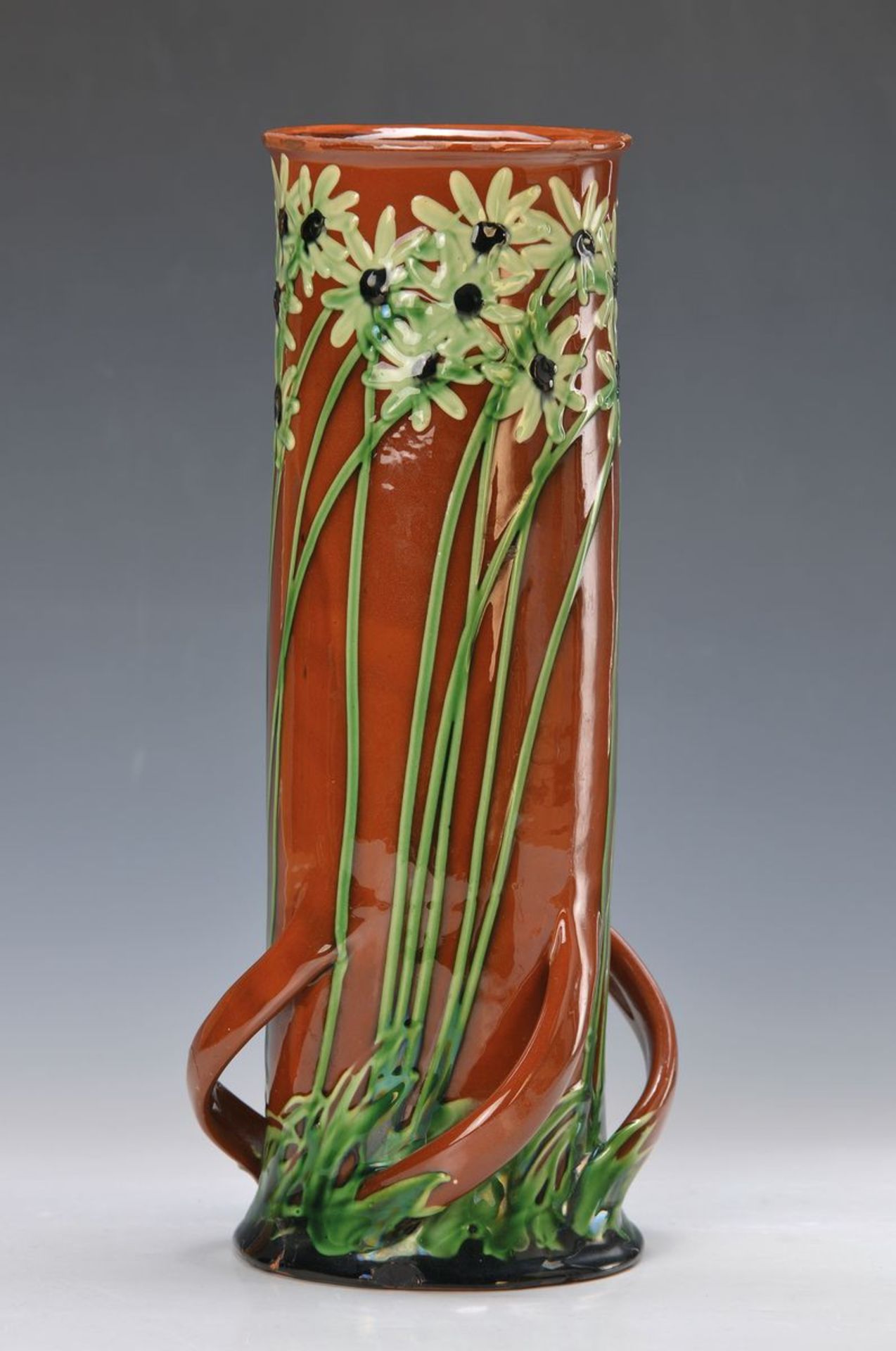 Große Vase, Max Laeuger, Kandern, um 1897, "Sternblumen", vier gedrehte Henkel im unteren Bereich,