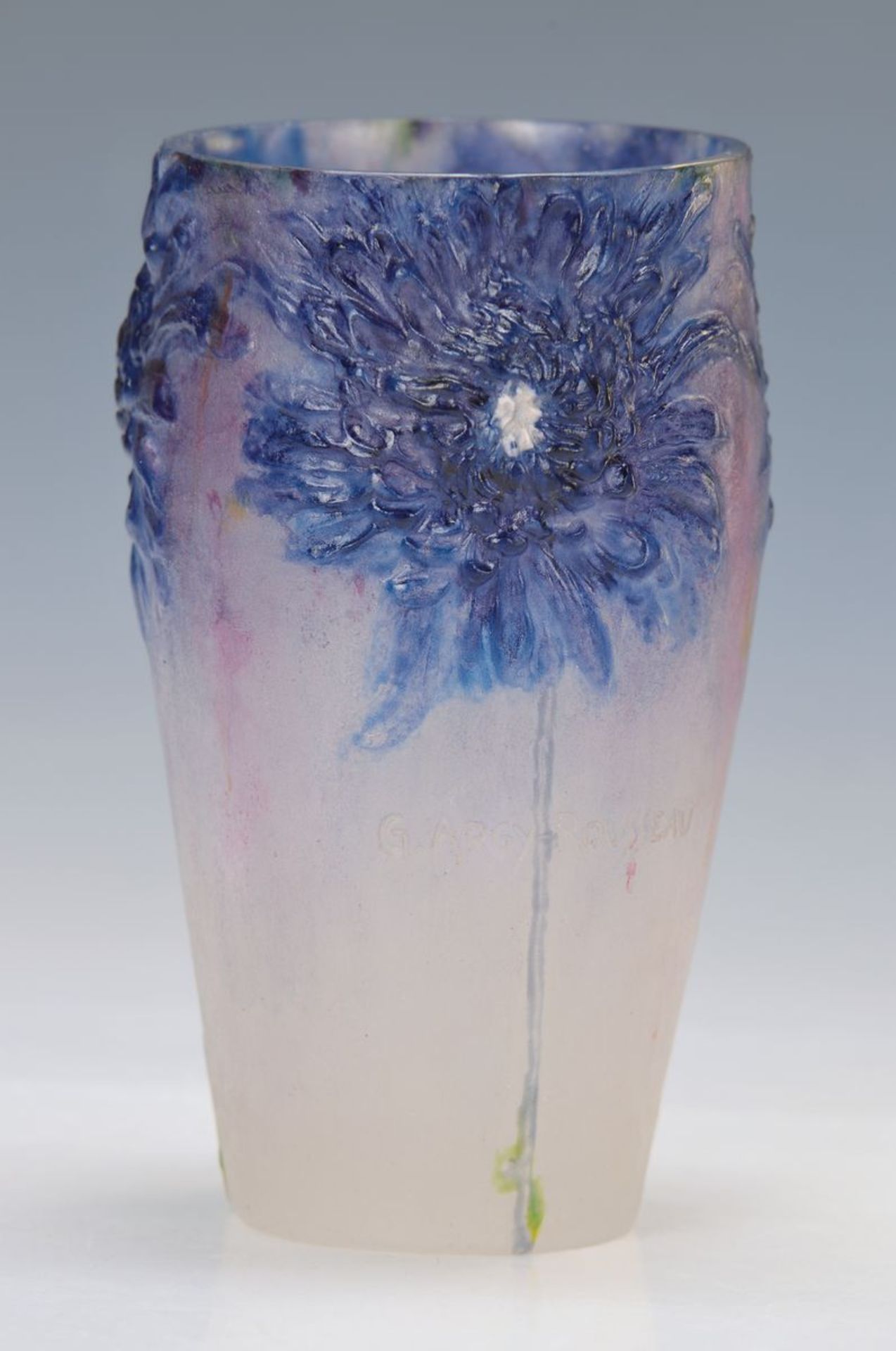 Jugendstilvase, Argy-Rousseau, Paris, um 1919, "Chrysanthemes", pate de verre, Glas mit rosefarbenen