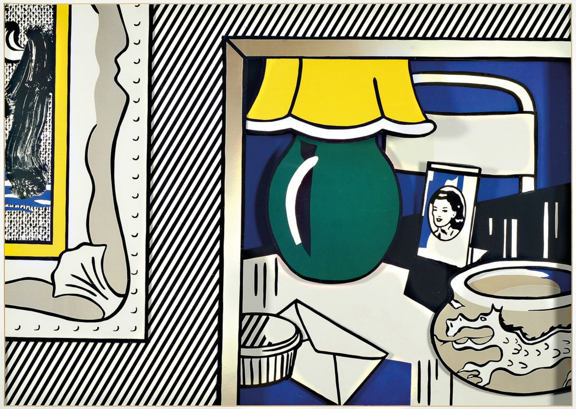Roy Lichtenstein, 1923-1997, Green lamp and other pictures, 3 D-Konstruktion mit Beleuchtung, ca.