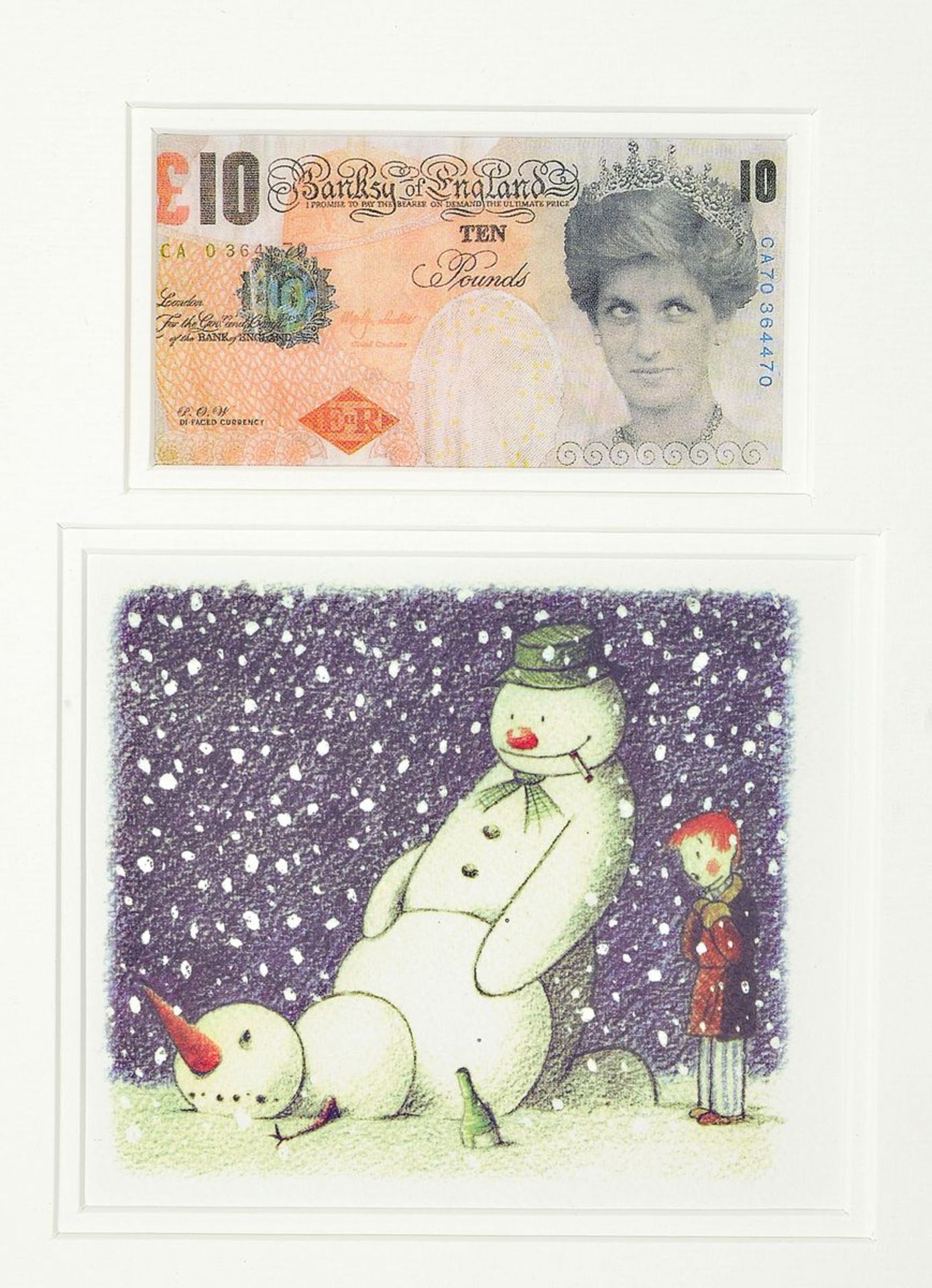 Banksy, zeitgenössischer britischer Künstler, Rude snowman and di-faced tenner, zwei Multiples in