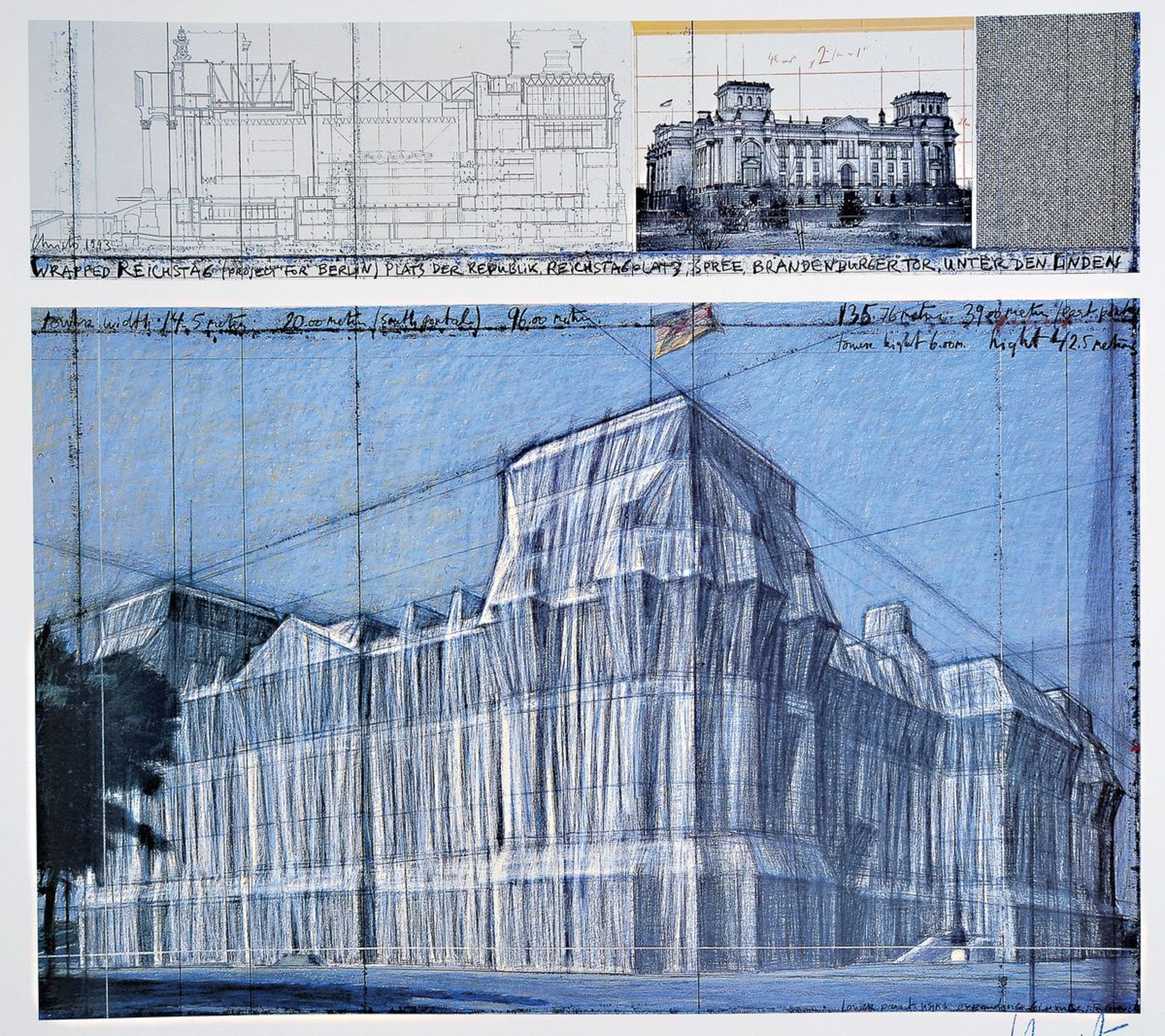 Christo, geb. 1935, Wrapped Reichstag, Farboffset der Collage, handsign., Blattgr. 70x80