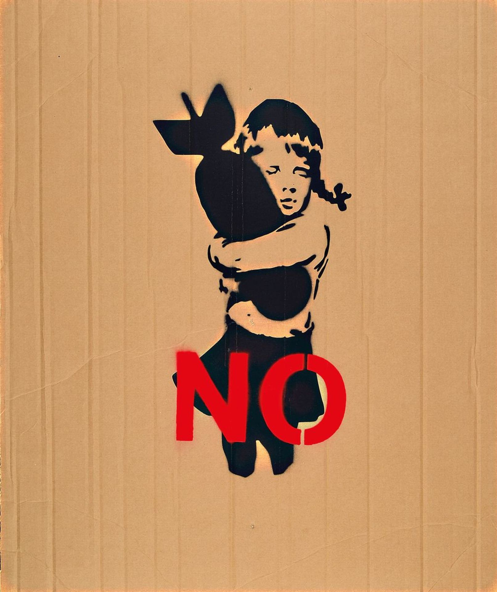 Banksy, zeitgenössischer britischer Künstler, Bomb Hugger No, spray paint auf Wellpappe,