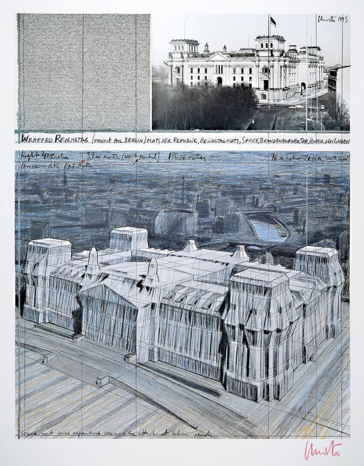 Christo, geb. 1935, Wrapped Reichstag, Farboffset, handsign., Blattgr. 100x70 cmChristo, born