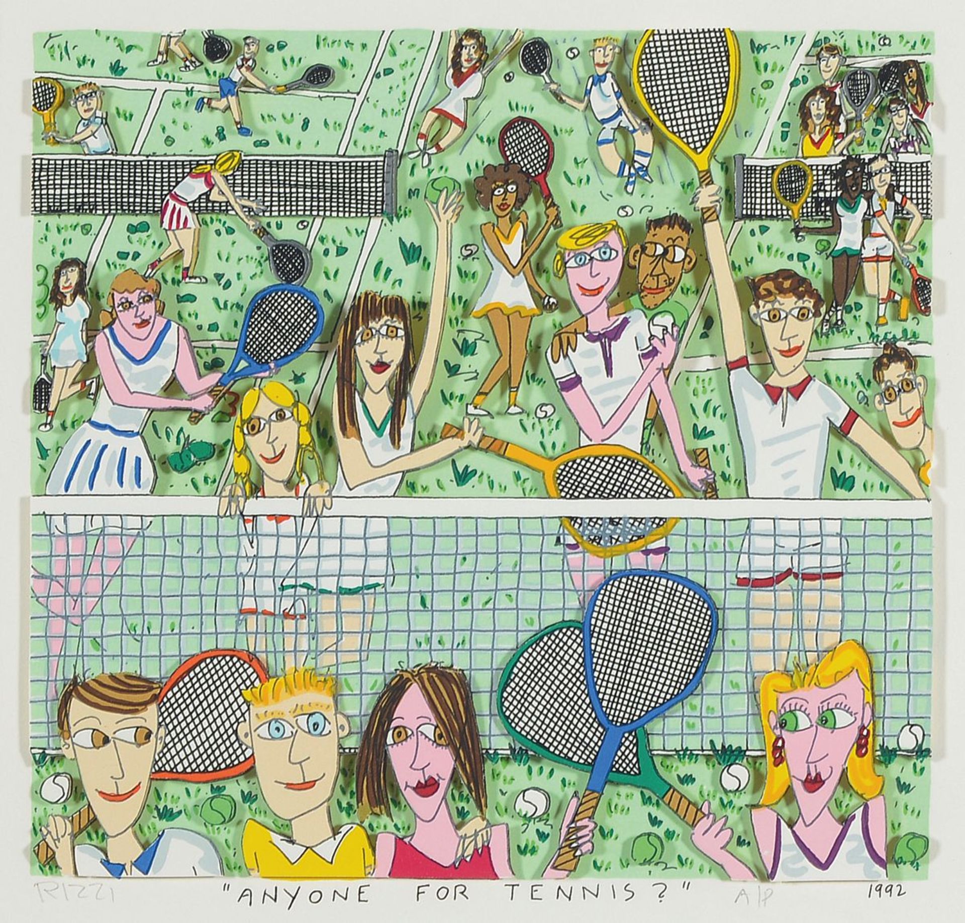 James Rizzi, 1950-2001, 3D Lithographie, Anyone for Tennis?, handsigniert und datiert 1992, unter