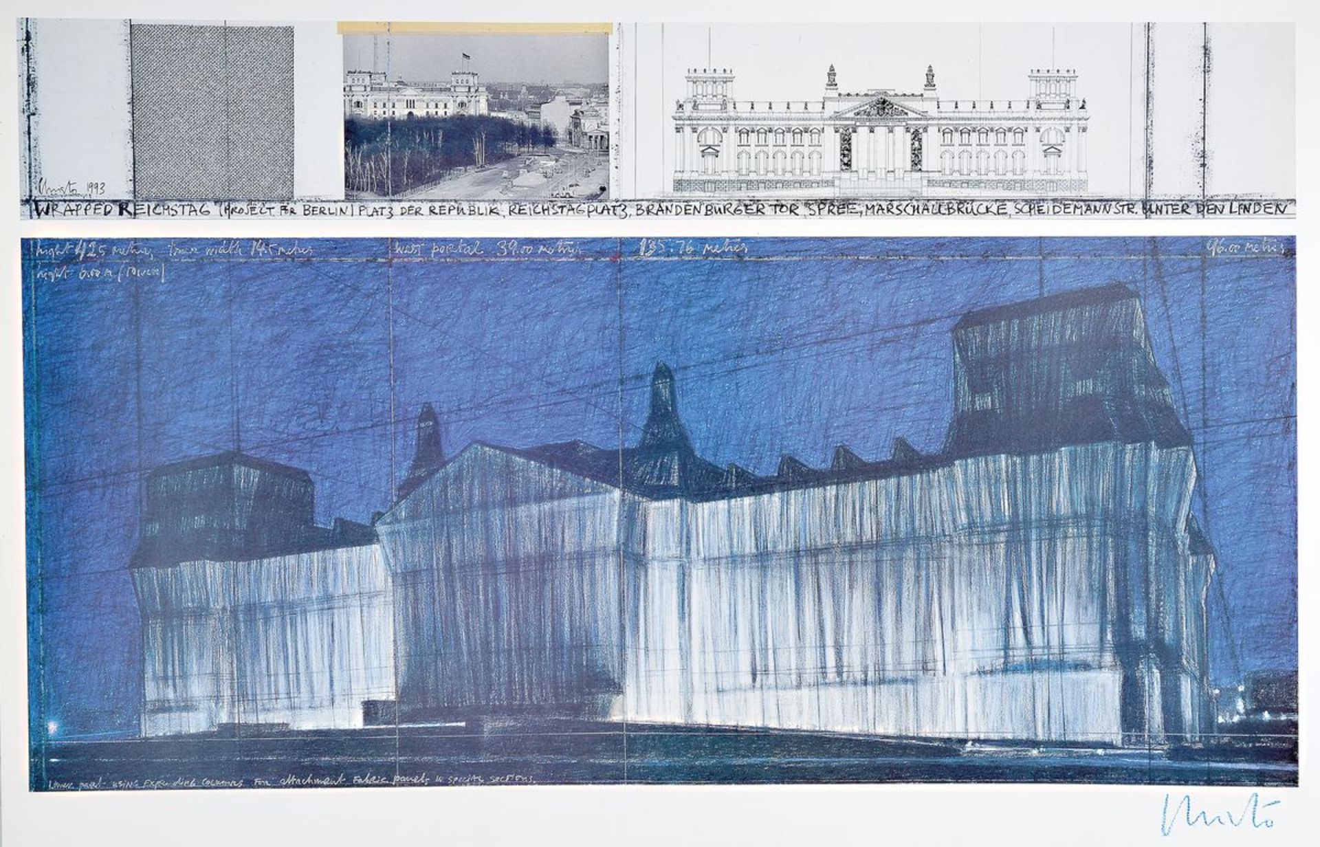 Christo, geb. 1935, Wrapped Reichstag, Farboffset, handsign., Blattgr. 70x100 cm, leichte knicke