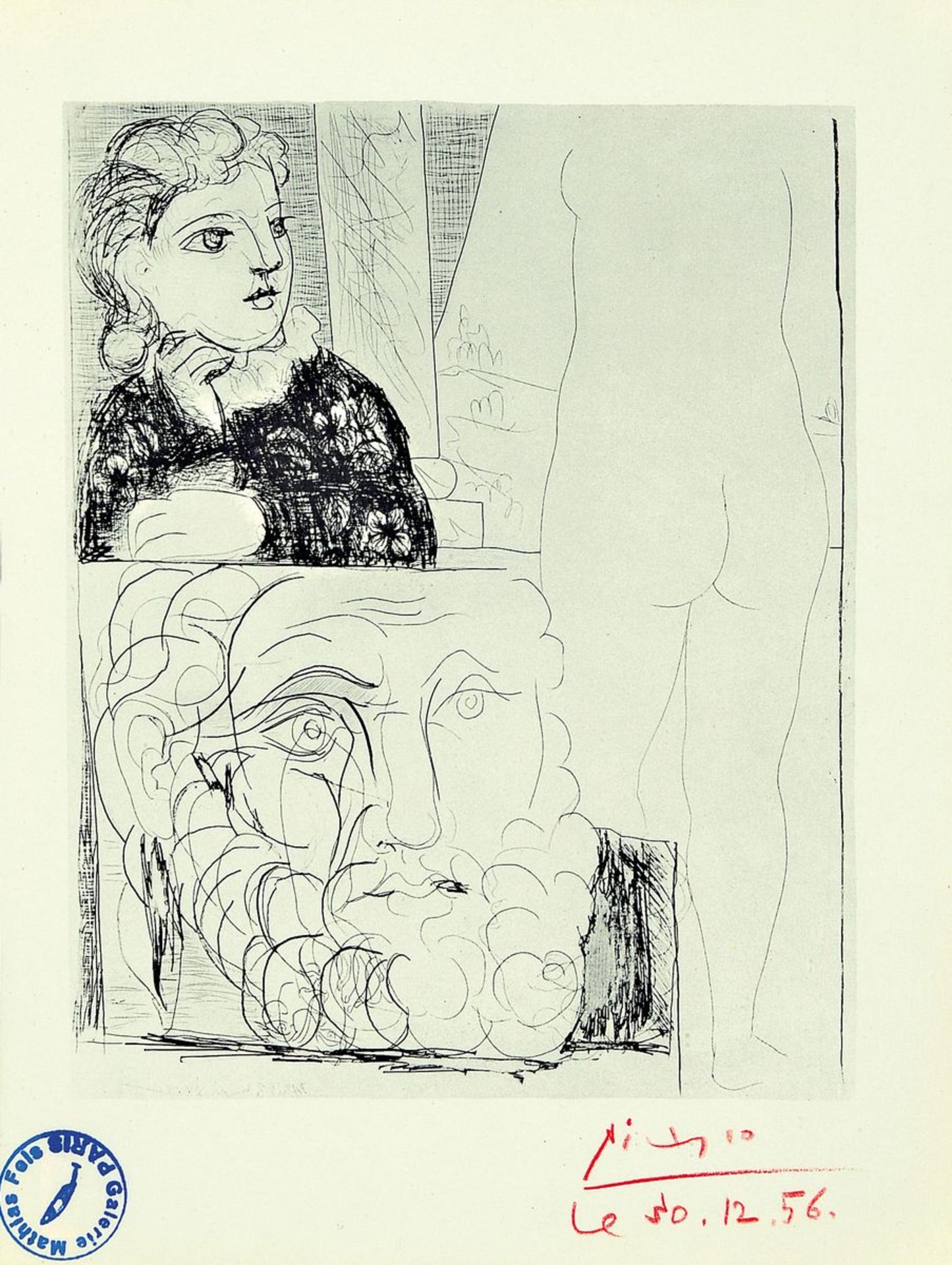 Pablo Picasso, 1881-1973, Farboffset, rechts unten mit rotem Farbstift signiert und dat. 30.12.56,