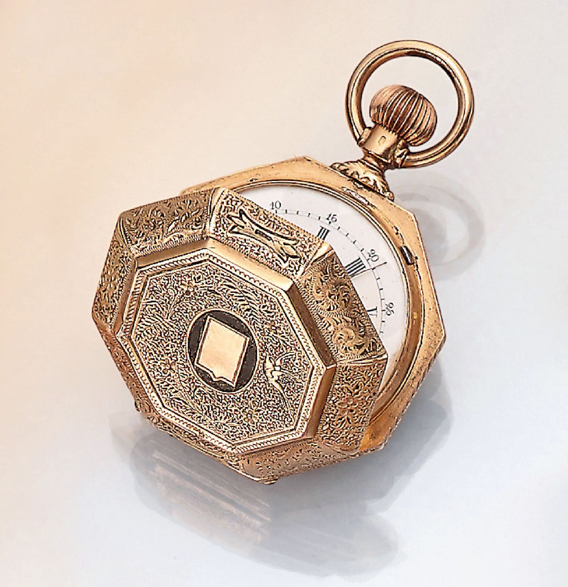 14 kt Gold Taschenuhr mit Email, deutsch um 1870/80, GG 585/000, florale Gravur, z.T. schwarz